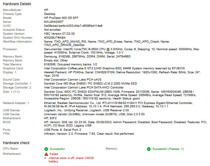 HP ProDesk 400 G5 SFF, i5-8500 CPU, @ 3.00GHz, 8GB RAM, 256GB NVMe-No OS/Charger