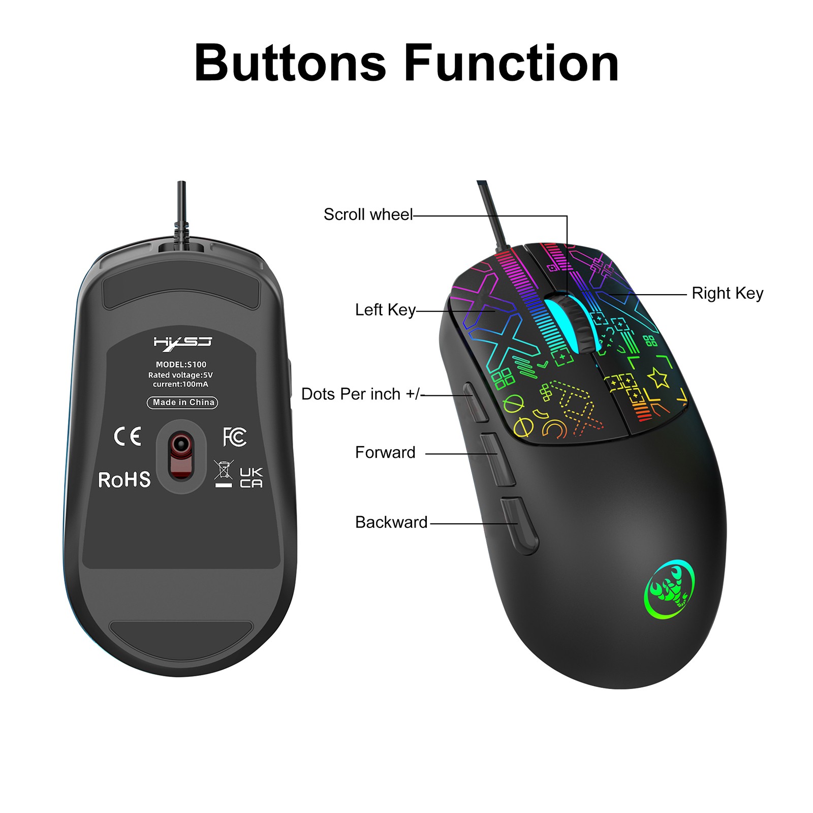 USB Wired Gaming Mouse Silent Ergonomic RGB LED 6 Macro Buttons Adjustable DPI