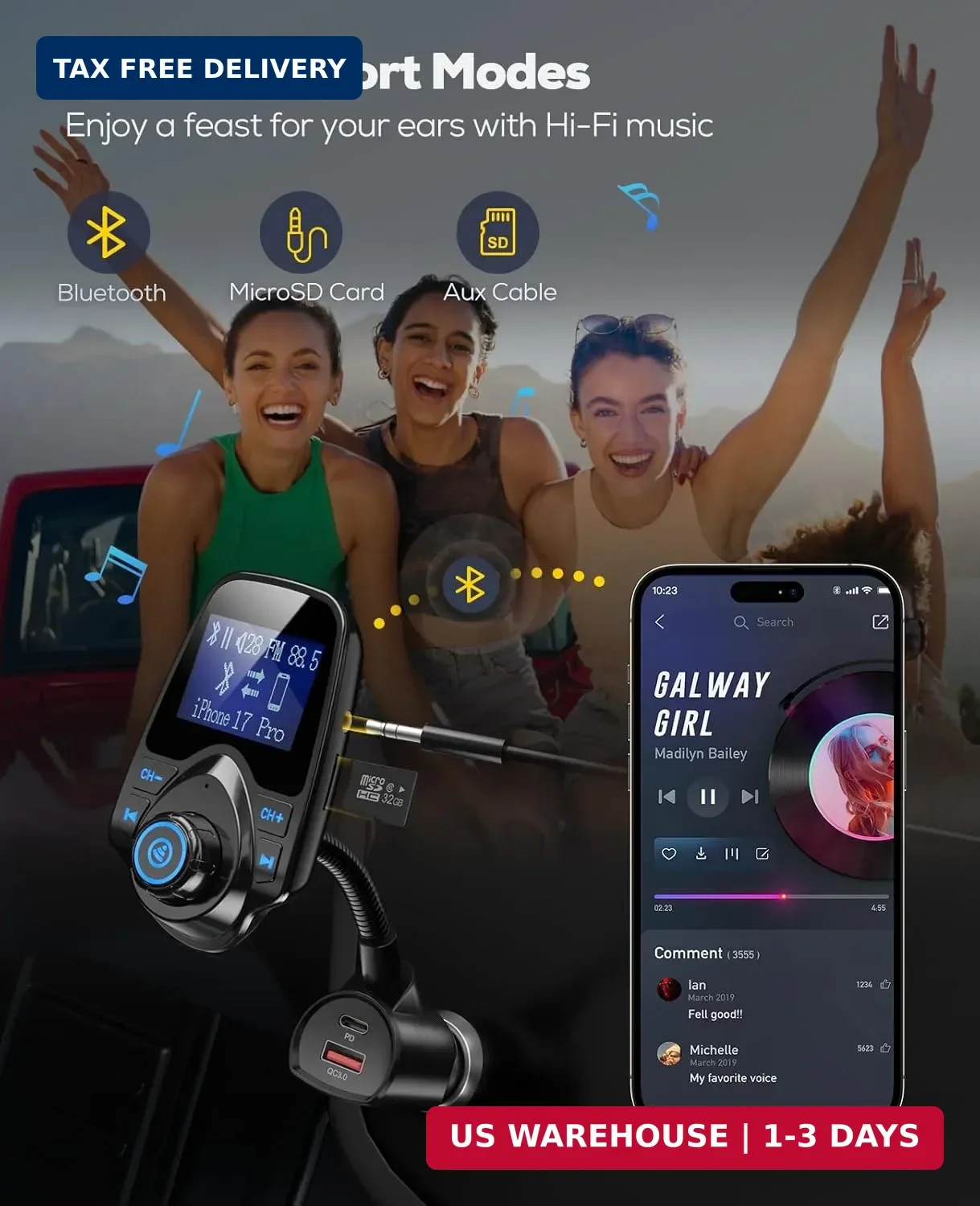 Nulaxy KM18 Plus Bluetooth 5.4 Car Adapter with 48W Fast Charging PD 30W & QC3.0