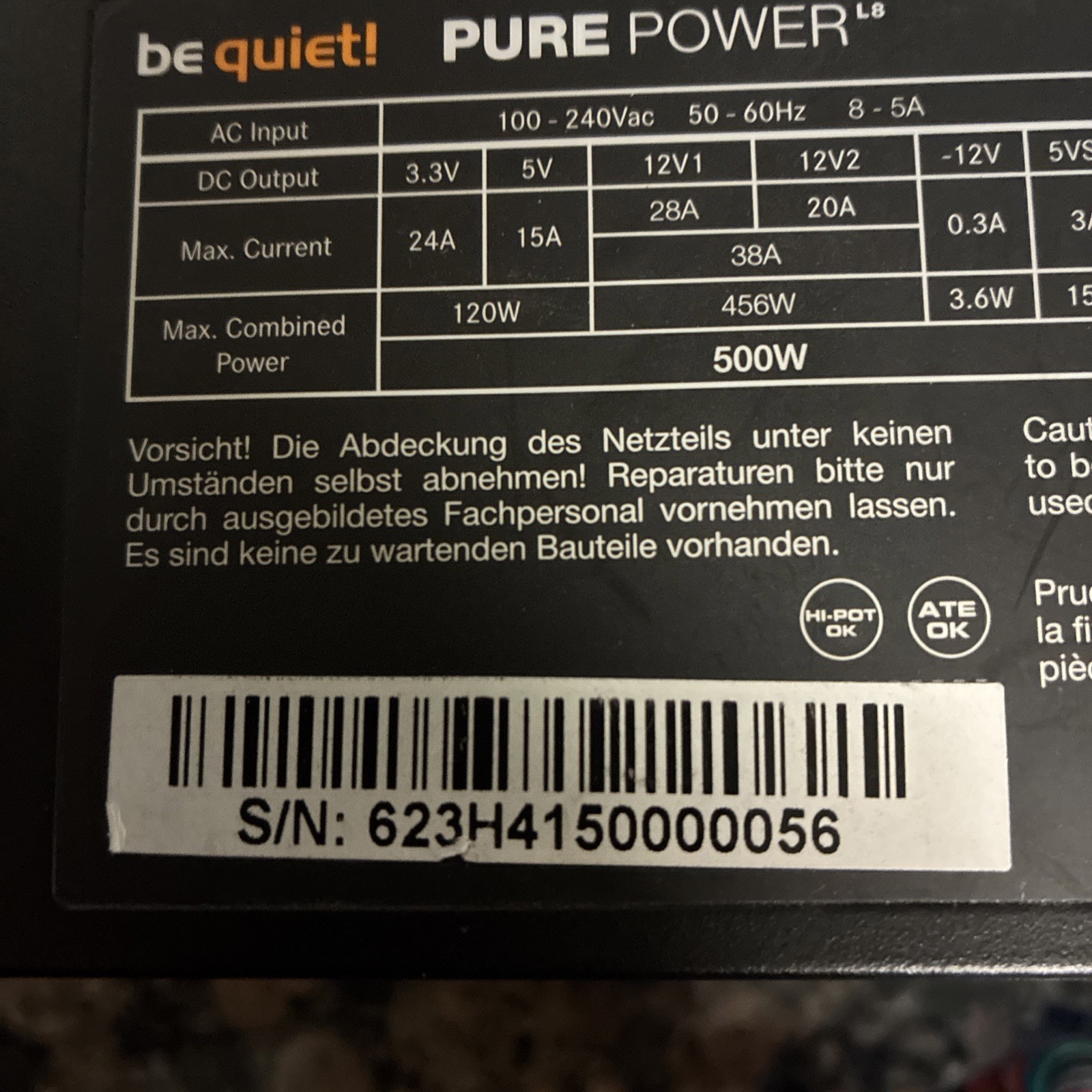 Be Quiet! Pure Power 500W BQ L8-500W Desktop Power Supply Unit PCIE 6pin x2