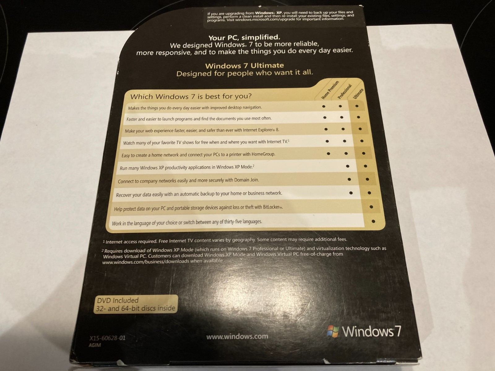 Used Microsoft Windows 7 Ultimate 32 Bit / 64 Bit Full Box 1 User Read Desc.
