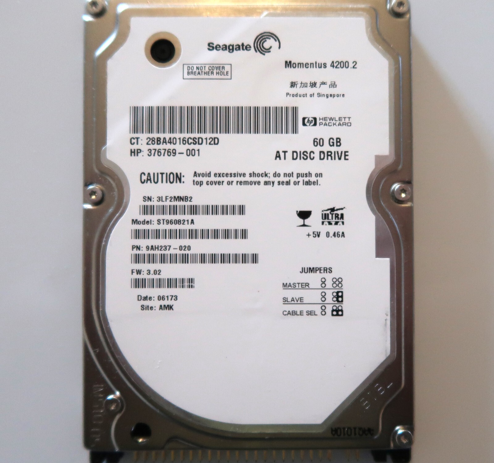 Seagate ST960821A 9AH237-020 3.02 (3LF) AMK Singapore 60gb 2.5″ ULTA ATA 10/2005