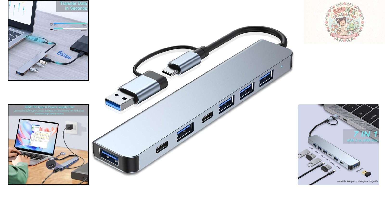 7-in-1 USB C Hub with Aluminum Finish – Perfect for Professionals & Students