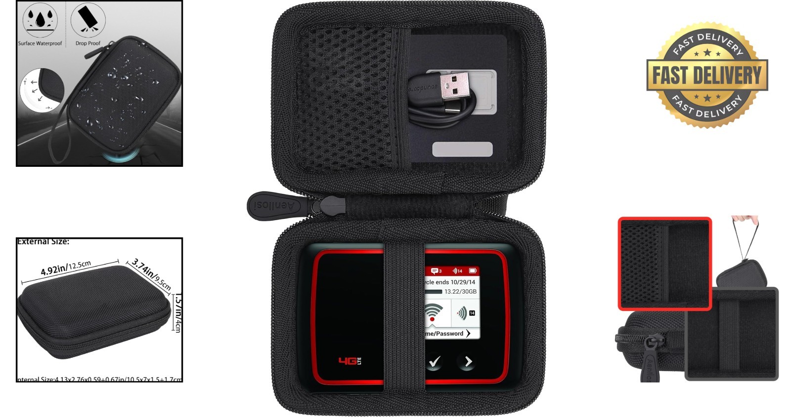 Durable Hard Case for Jetpack MiFi 6620L/8800L with Elastic Strap & Mesh Pocket