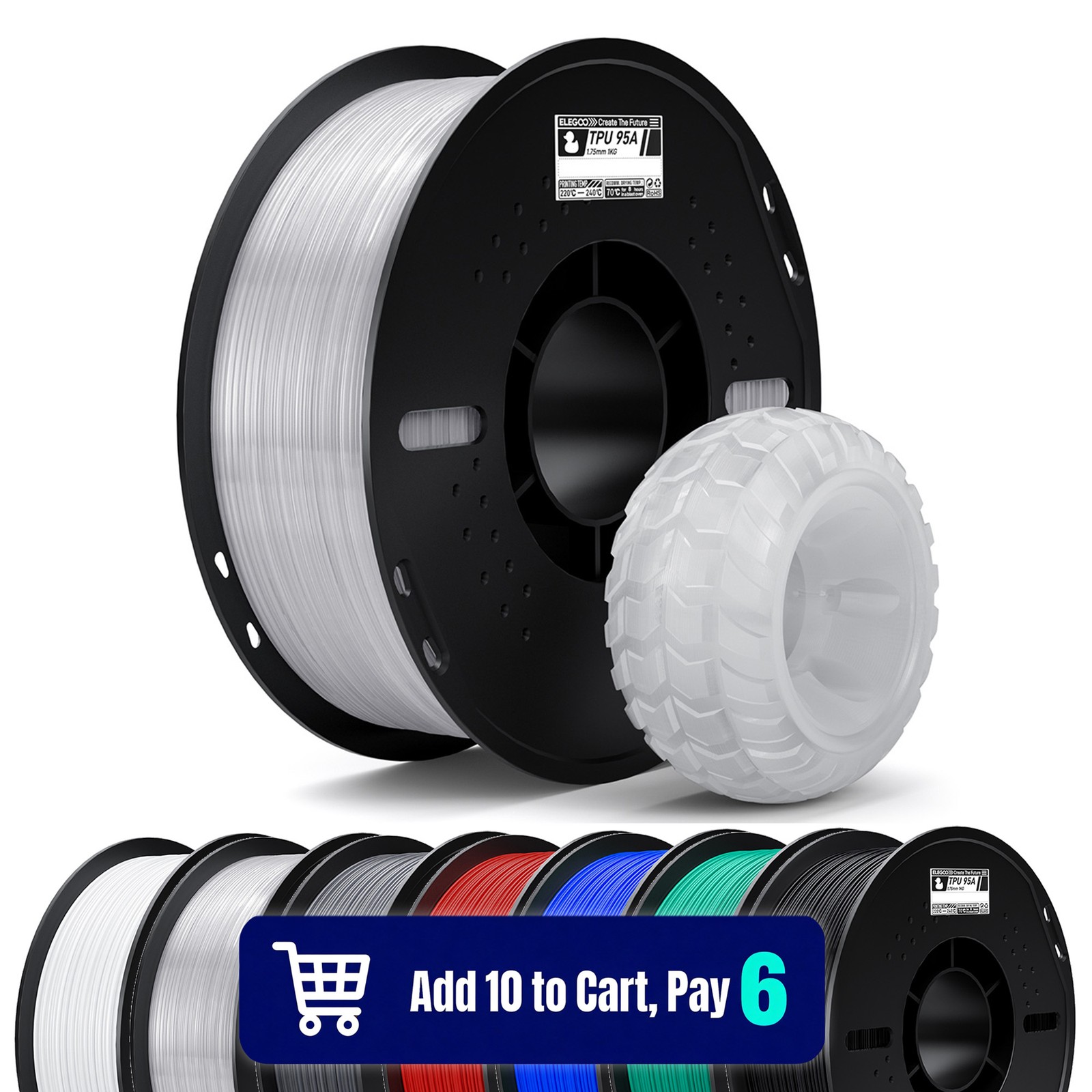 【Buy 6 Get 4 Free,Add 10】ELEGOO TPU 95A 3D Printer 1.75mm Filament 1KG