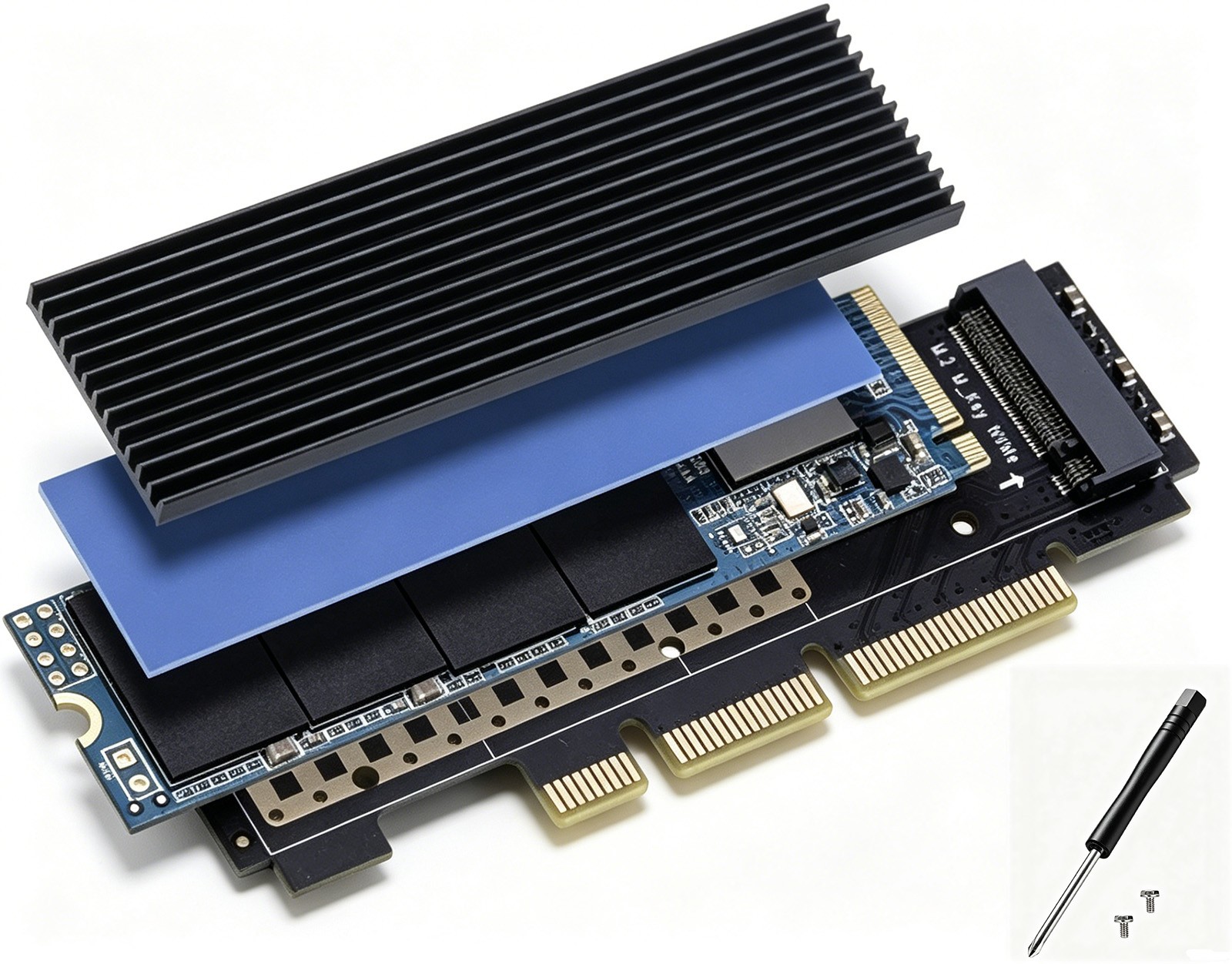 M.2 NVMe (M-Key) SSD to PCIe 3.0 X16/X8/X4 Card with Aluminum Heat Sink