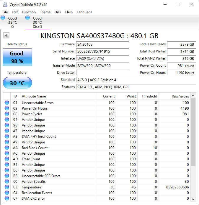 Kingston 480GB SSD 2.5″ SATA III Tested Good, Only 1190 Power On Hours