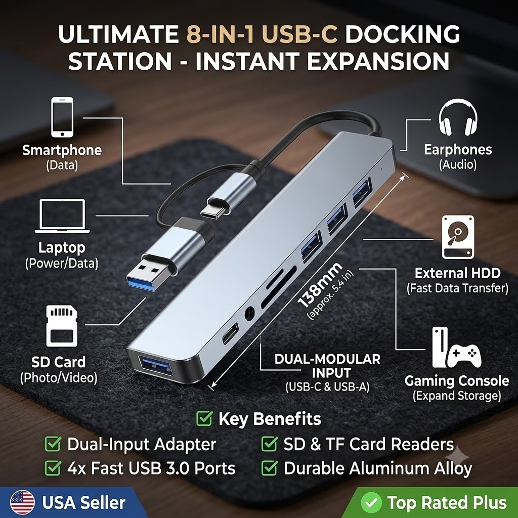 7/8 Port USB C Hub Adapter 5Gbps USB 3.0 Multiport Splitter Dock for PC MacBook