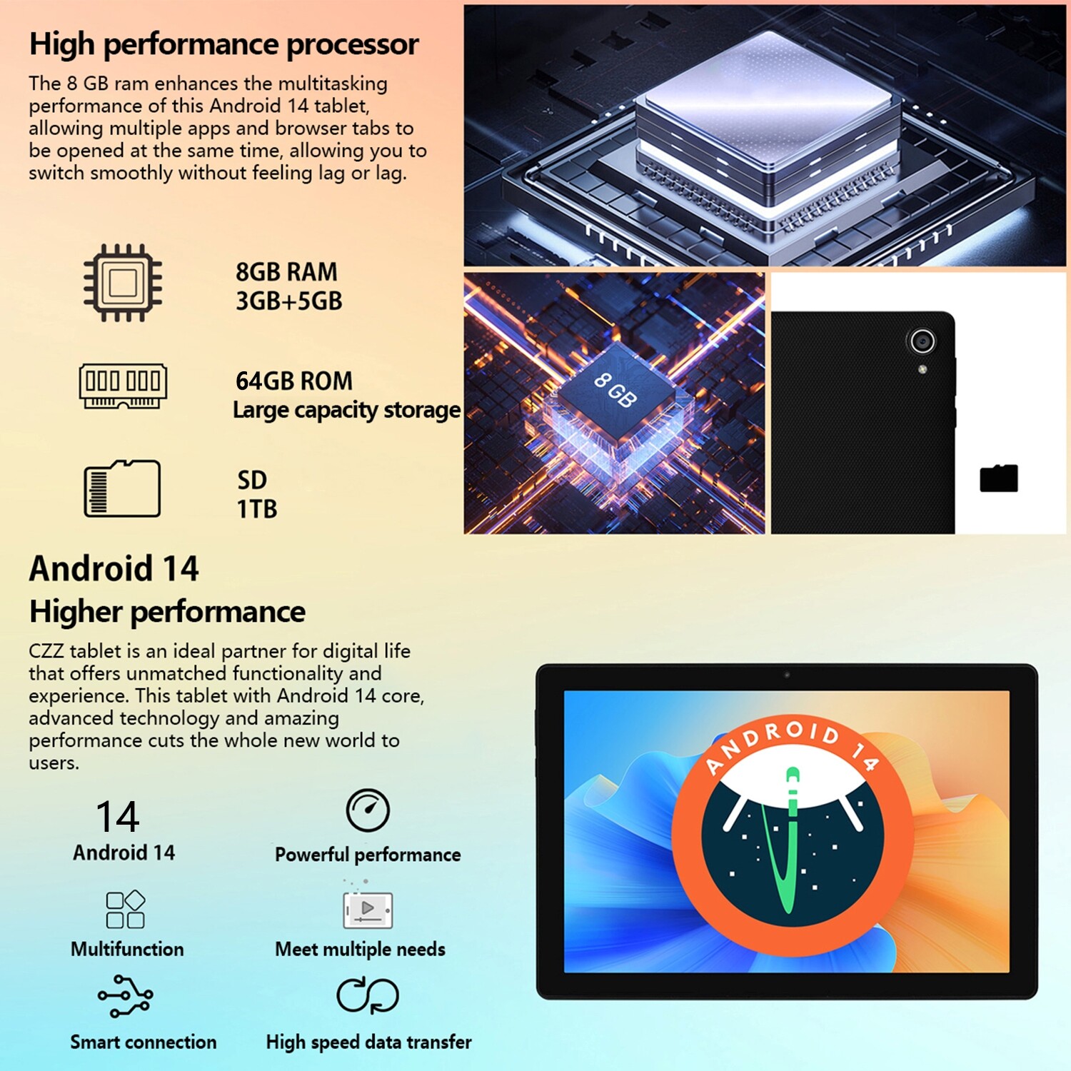 Anna Bell 10in Octa-Core Android 14 Tablet 8+64GB Dual Camera Bluetooth WIFI IPS