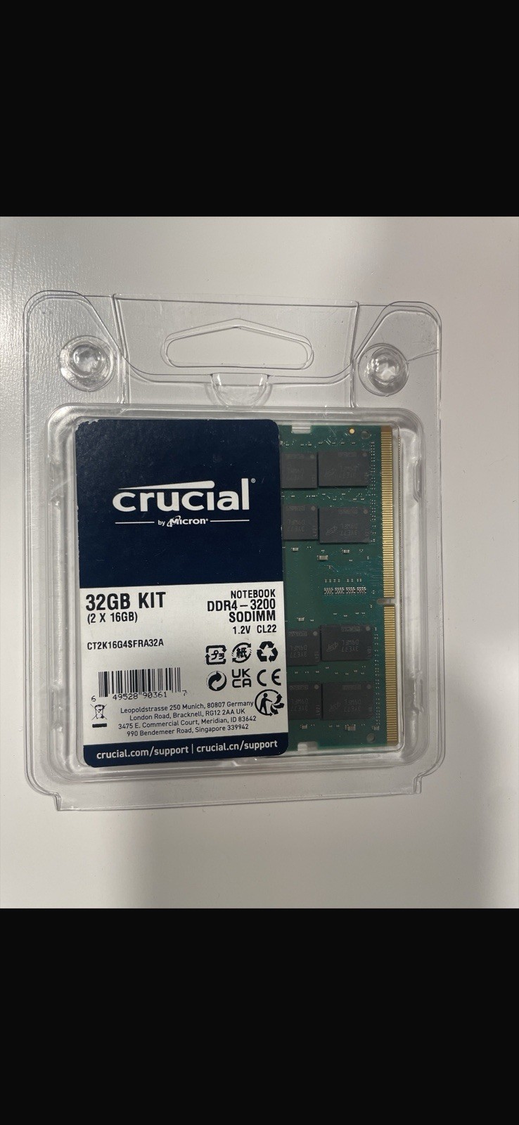 Crucial 32GB DDR4-3200 SODIMM Memory Kit 2 x 16GB CT2K16G4SFRA32A