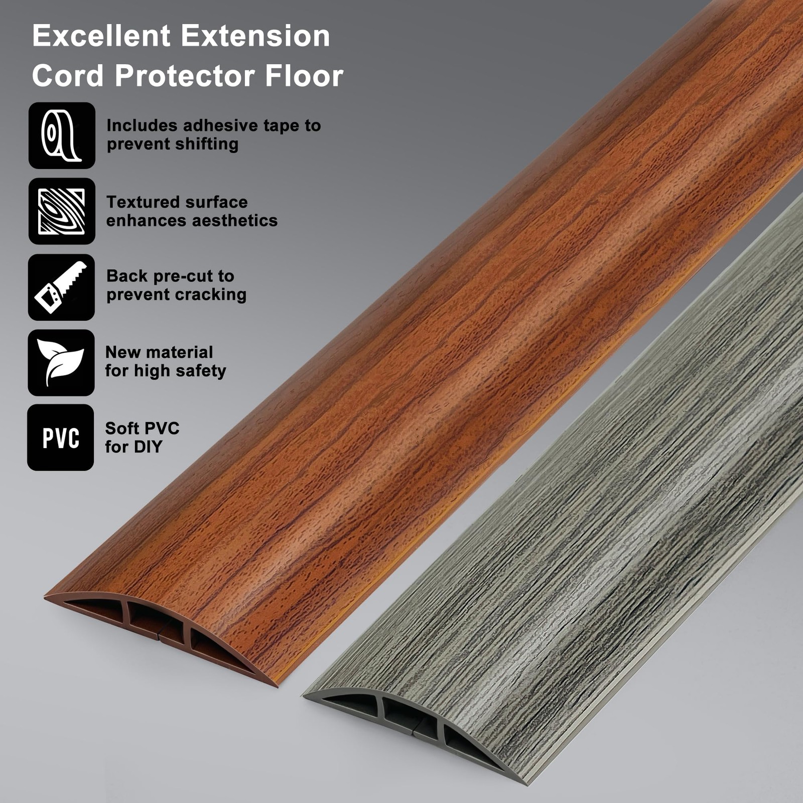 8ft Walnut Wood Cable Cover Floor Extension Cord Covers for Floor, Flexible