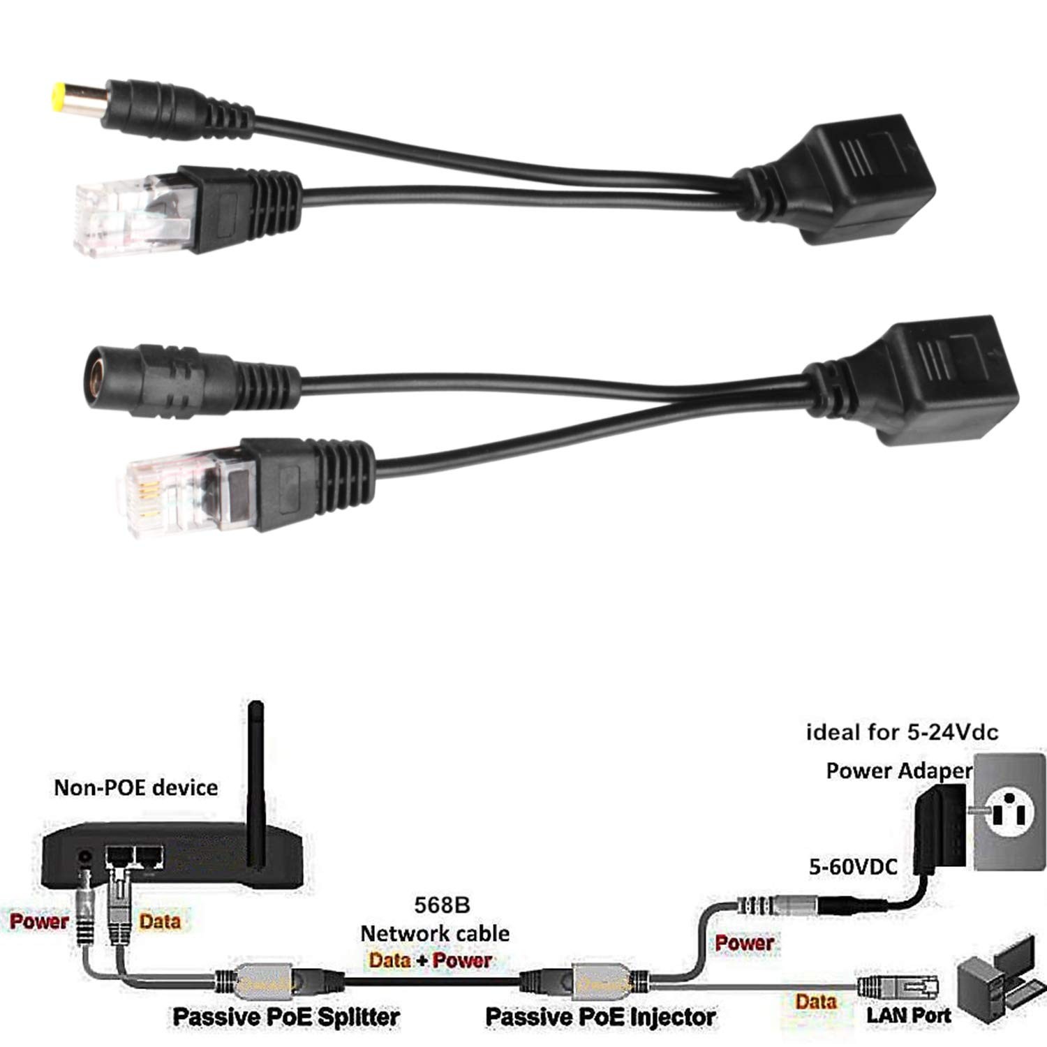 6Pair Passive PoE Injector Splitter Kit 5.5×2.1mm DC Connector RJ45 Adapters