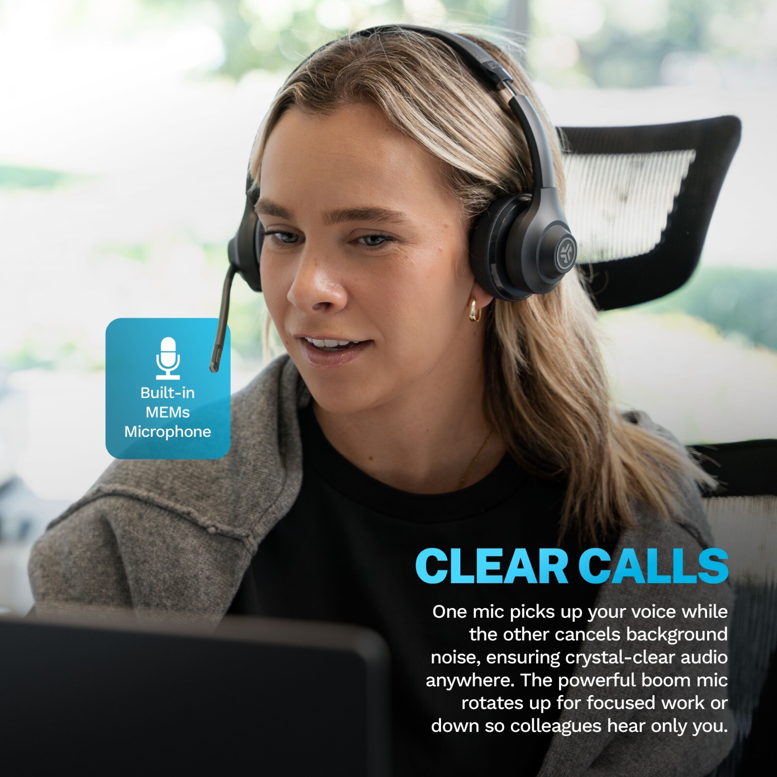 JLab GO Work Wireless On-Ear Headset Gen 2, Boom Mic, Bluetooth & Wired,