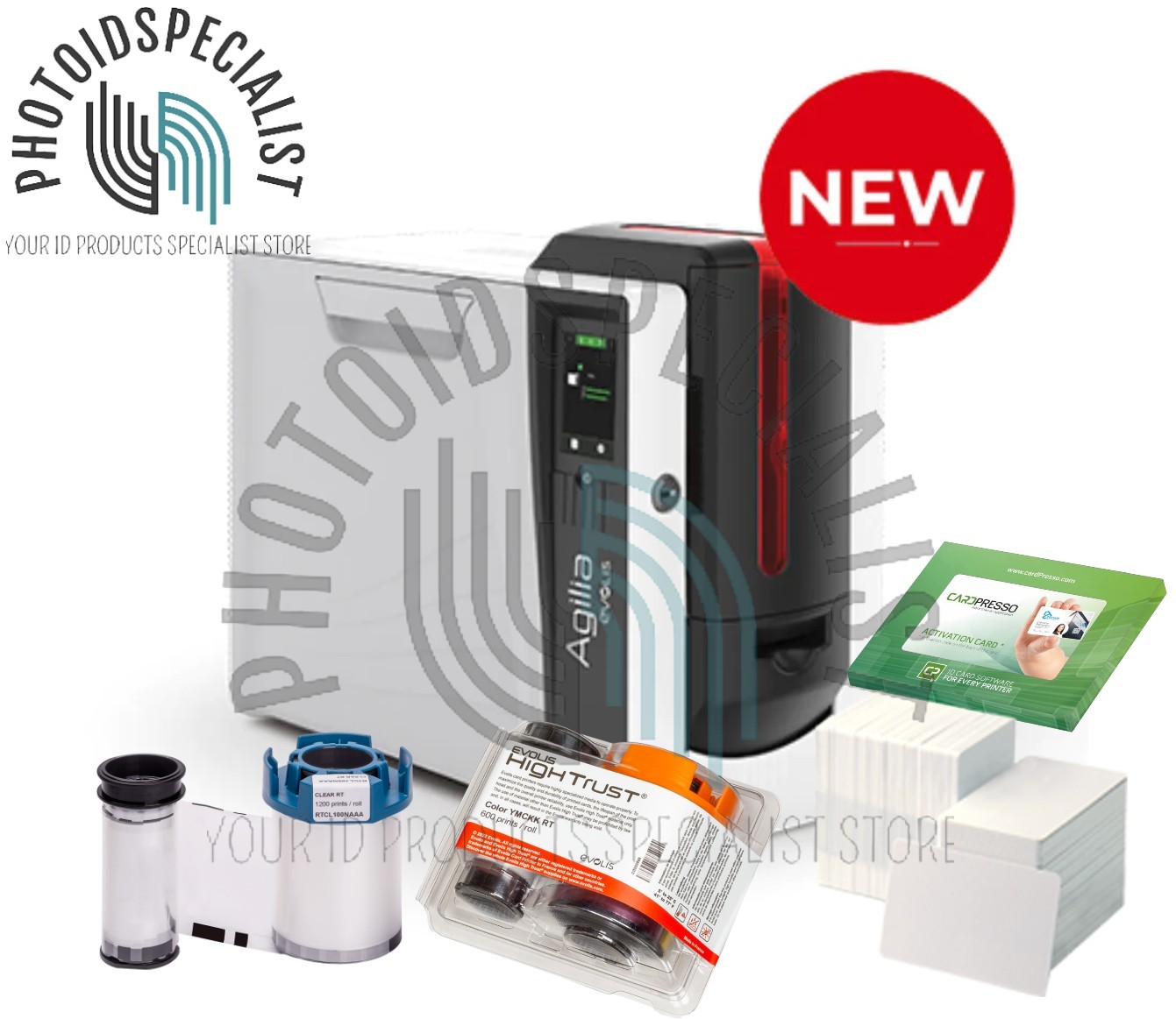 Evolis Agilia Single Side Expert 600DPI Retransfer Photo ID Card Printer Bundle