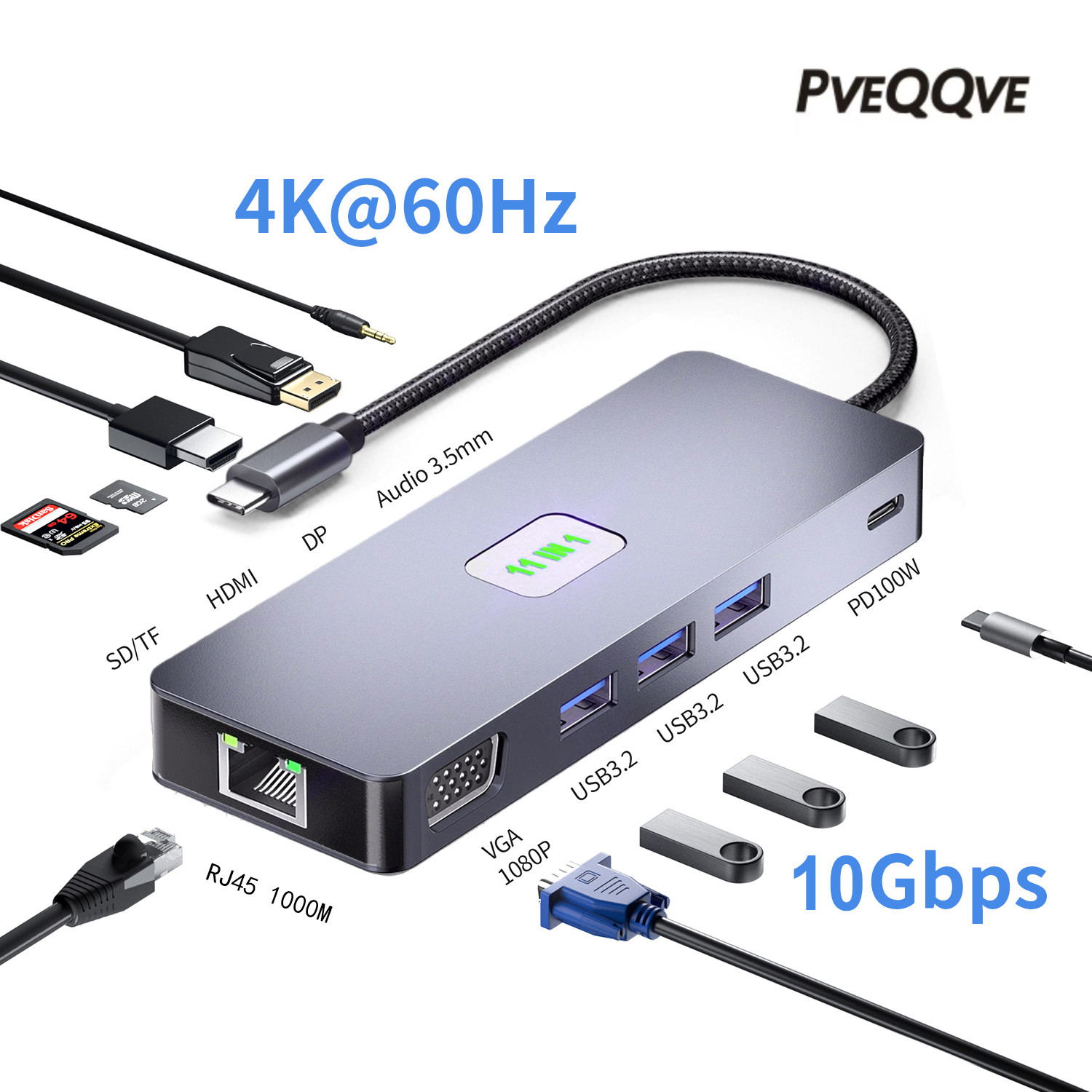 USB-C Docking Station Dual Monitor With 2 HDMI+1 DP,Gigabit Ethernet,10Gbps USB3