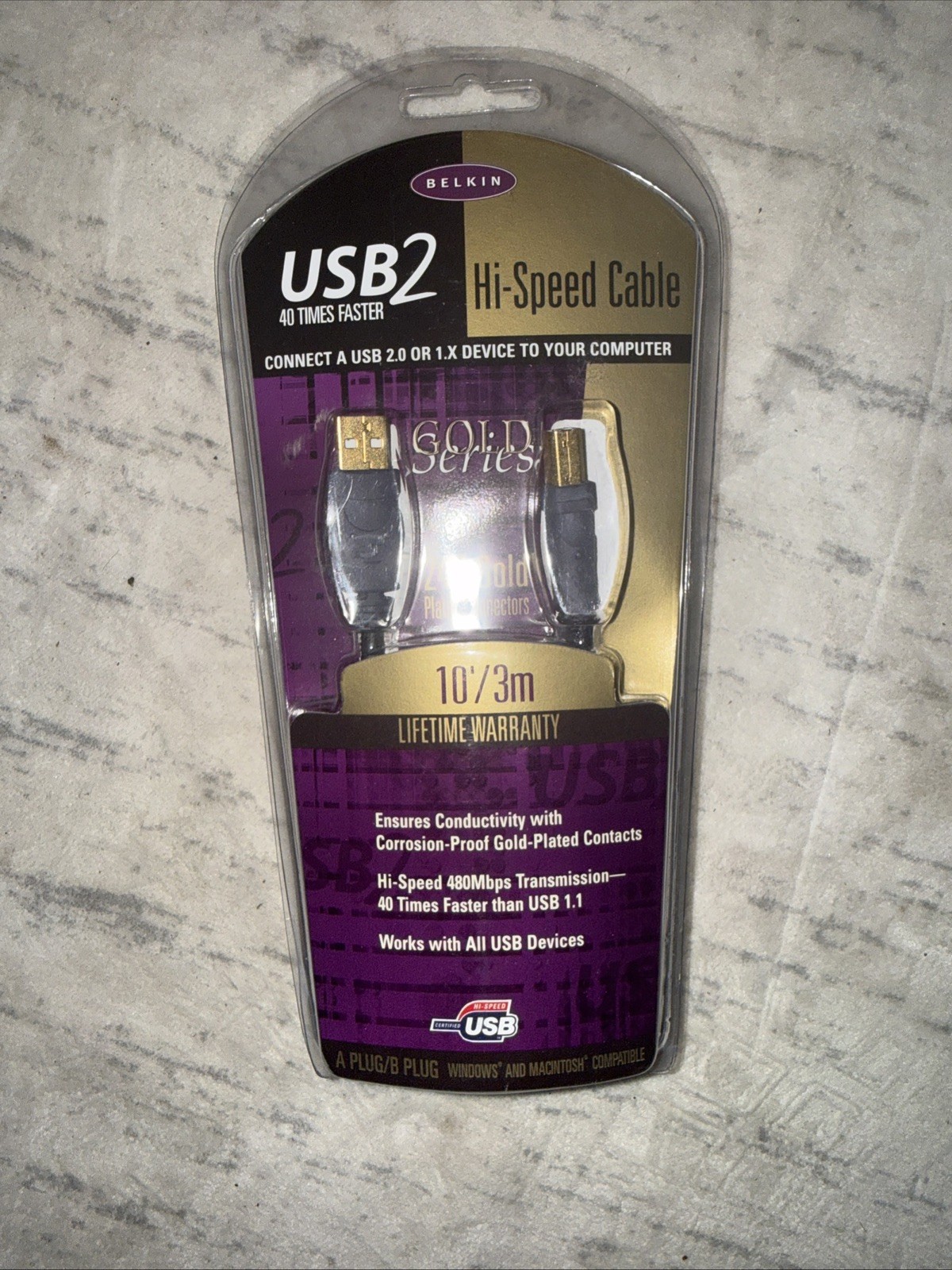 Belkin USB2 Hi Speed Cable 10 Feet Gold Plated Contacts USB 2x Or 1x, NEW SEALED