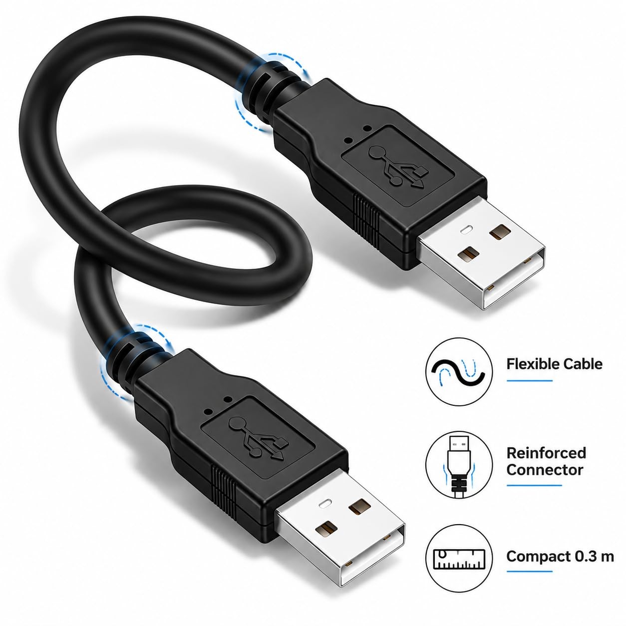 USB A to A Male to Male Cable for Basic Connection Data Sync Extension Lead