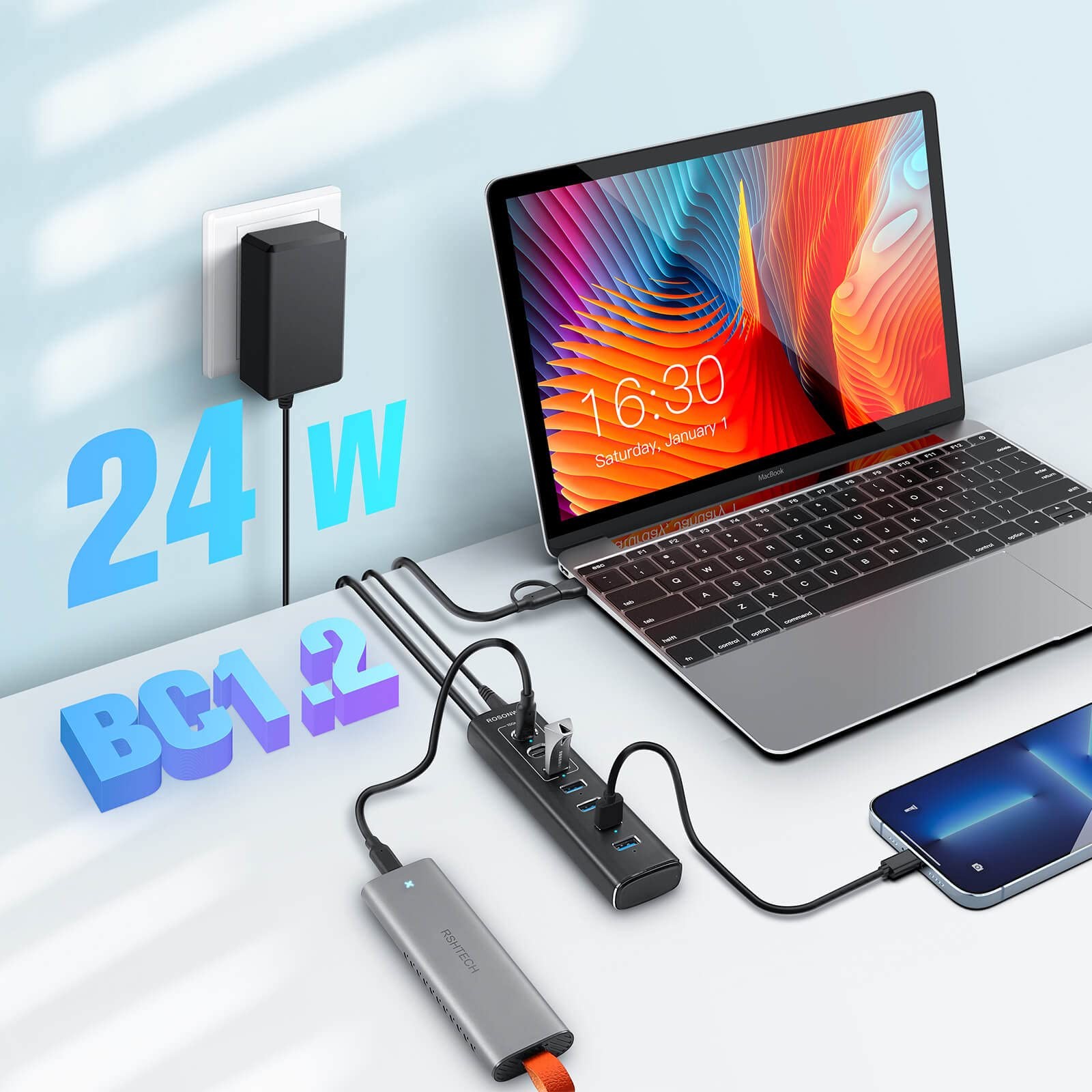Powered Usb Hub 7port Usb 3.2/usb C Hub With 10gbps Usba 3.2 2 Usbc 3.2 4 Usb 3.