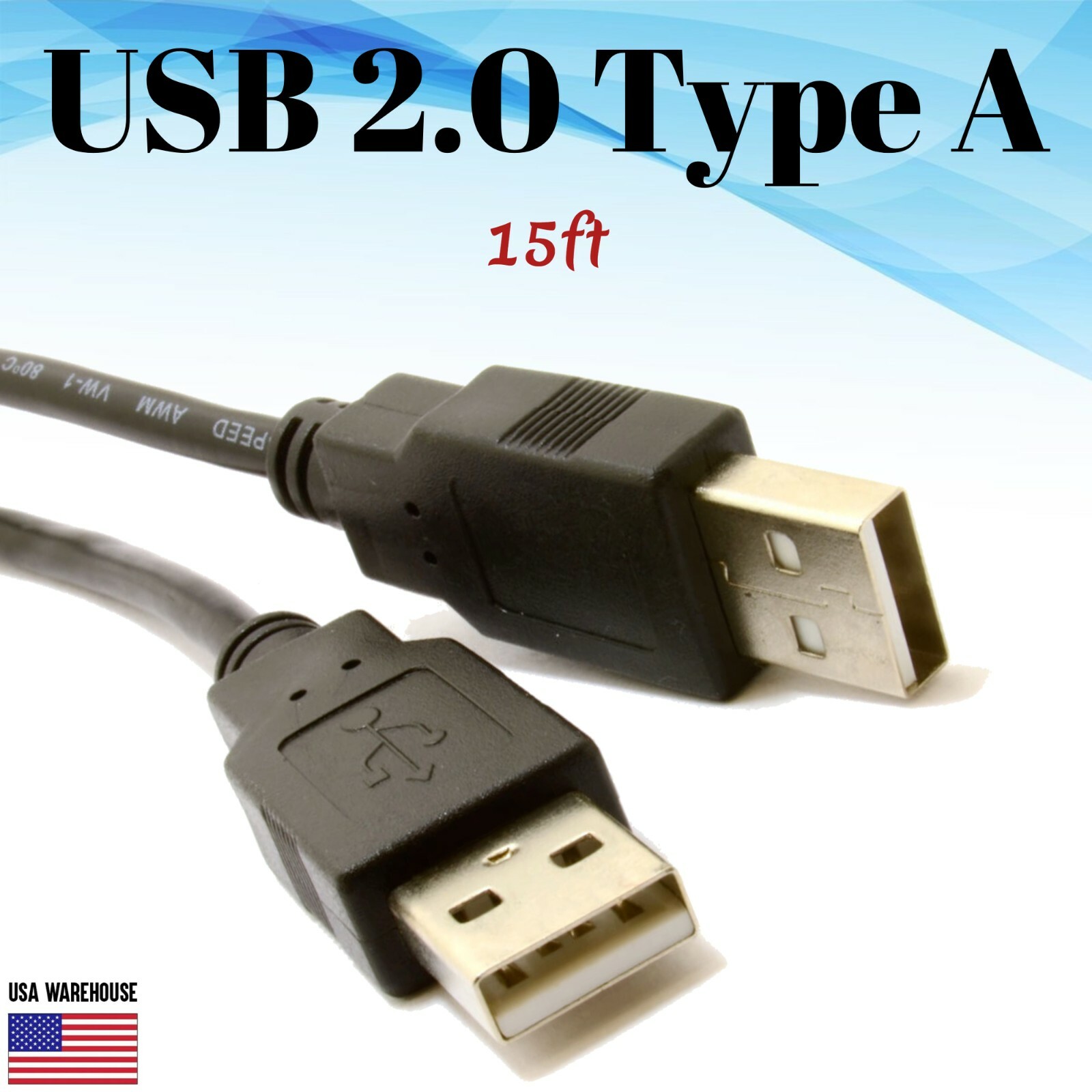 15ft USB 2.0 Type A Male to A Male Black Cable – High Speed Data Transfer