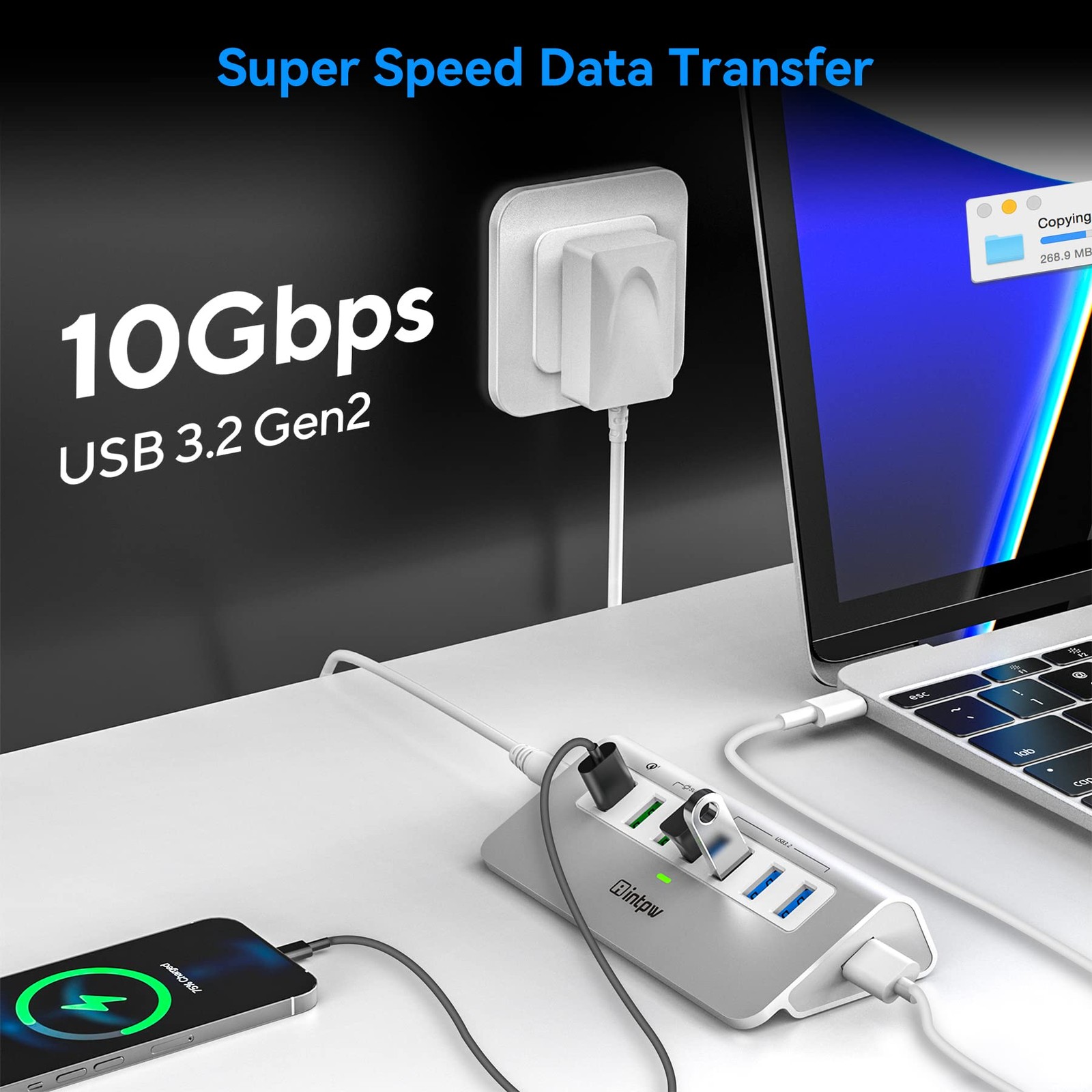 7 Port USB 3.2 Gen 2 Powered Hub 10Gbps 4 Data 3 Fast Charging Aluminum