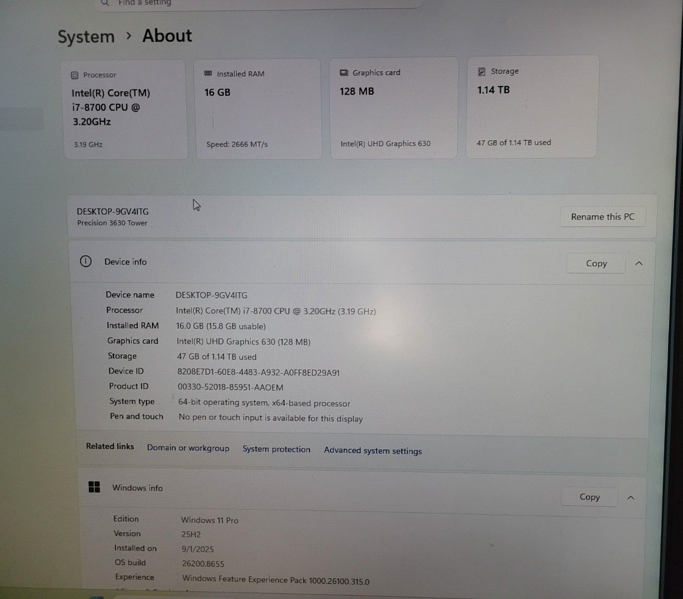 Dell Precision 3630 Tower Workstation i7-8700 3.2GHz 16GB 256GB SSD 1TB HDD W11P