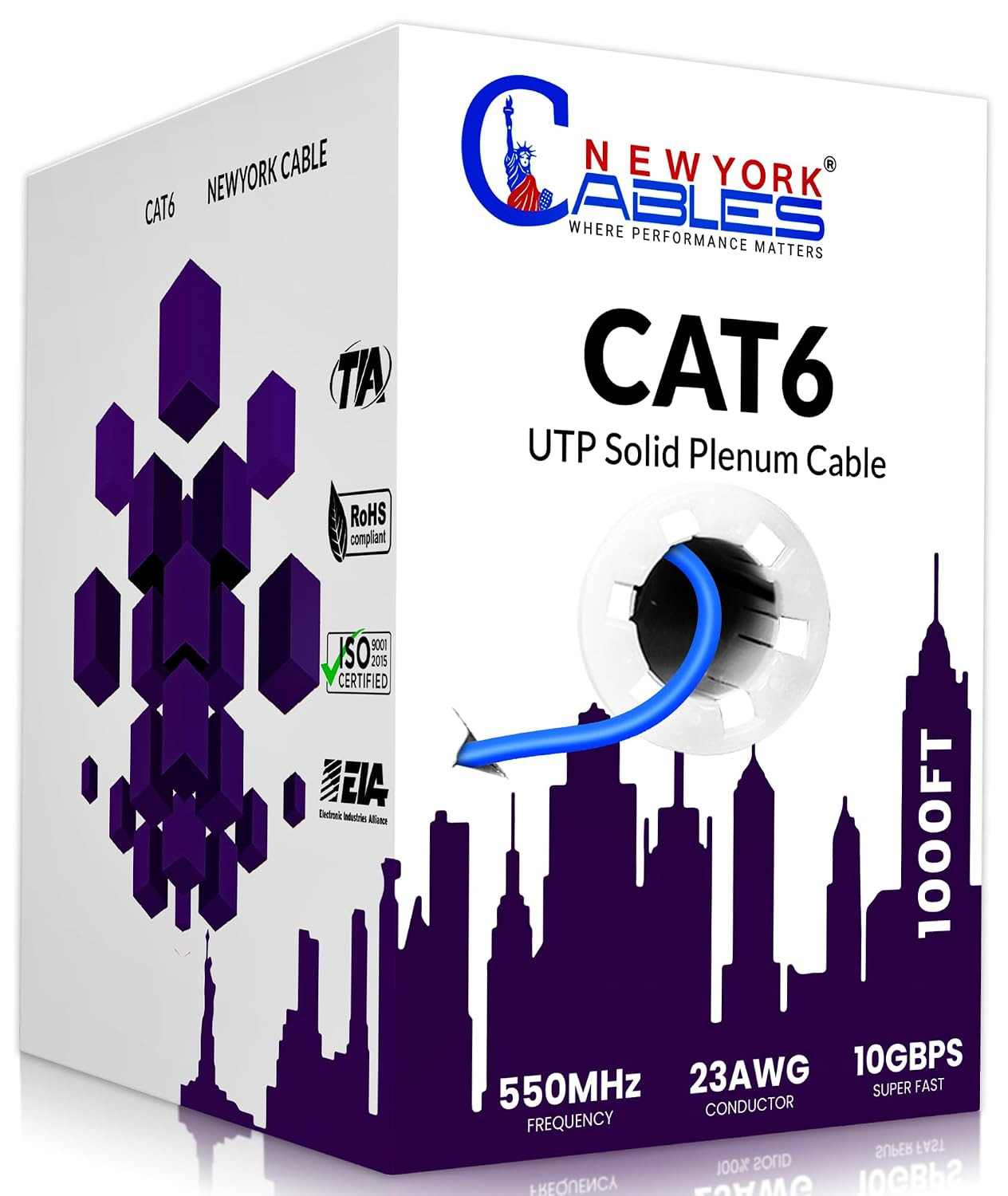 CAT6 Plenum Cable 1000Ft | 23AWG, UTP 4Pairs, 550Mhz 10Gbps Most Certified (CMP