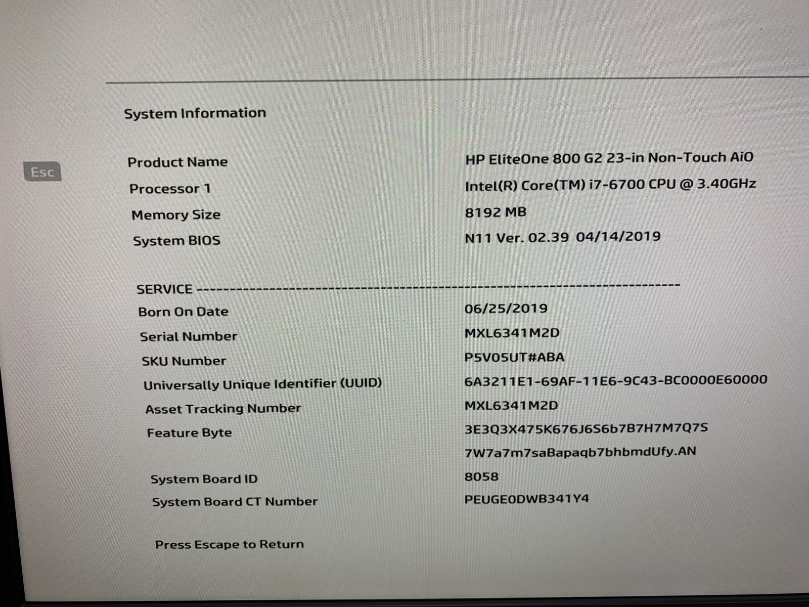 HP EliteOne 800 G2 23-in AiO Core i7-6700 3.4GHz 8GB RAM NO HDD NO OS No stand