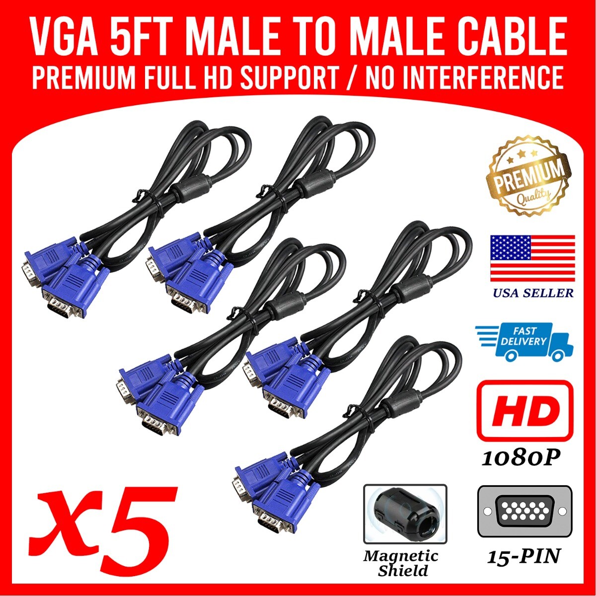 High Definition VGA Video cable 5Ft up to 1080p HD for Monitor Laptop DVD 5 pack