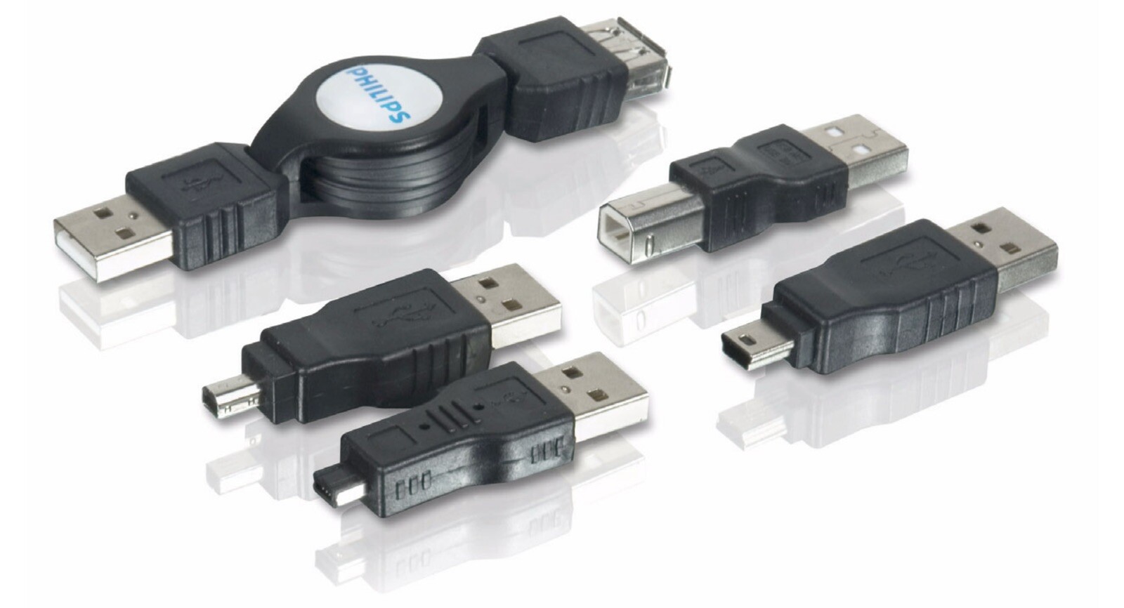 Philips Retractable USB Extension 3.2ft, USB A male/female + 4 USB Adapter Plugs
