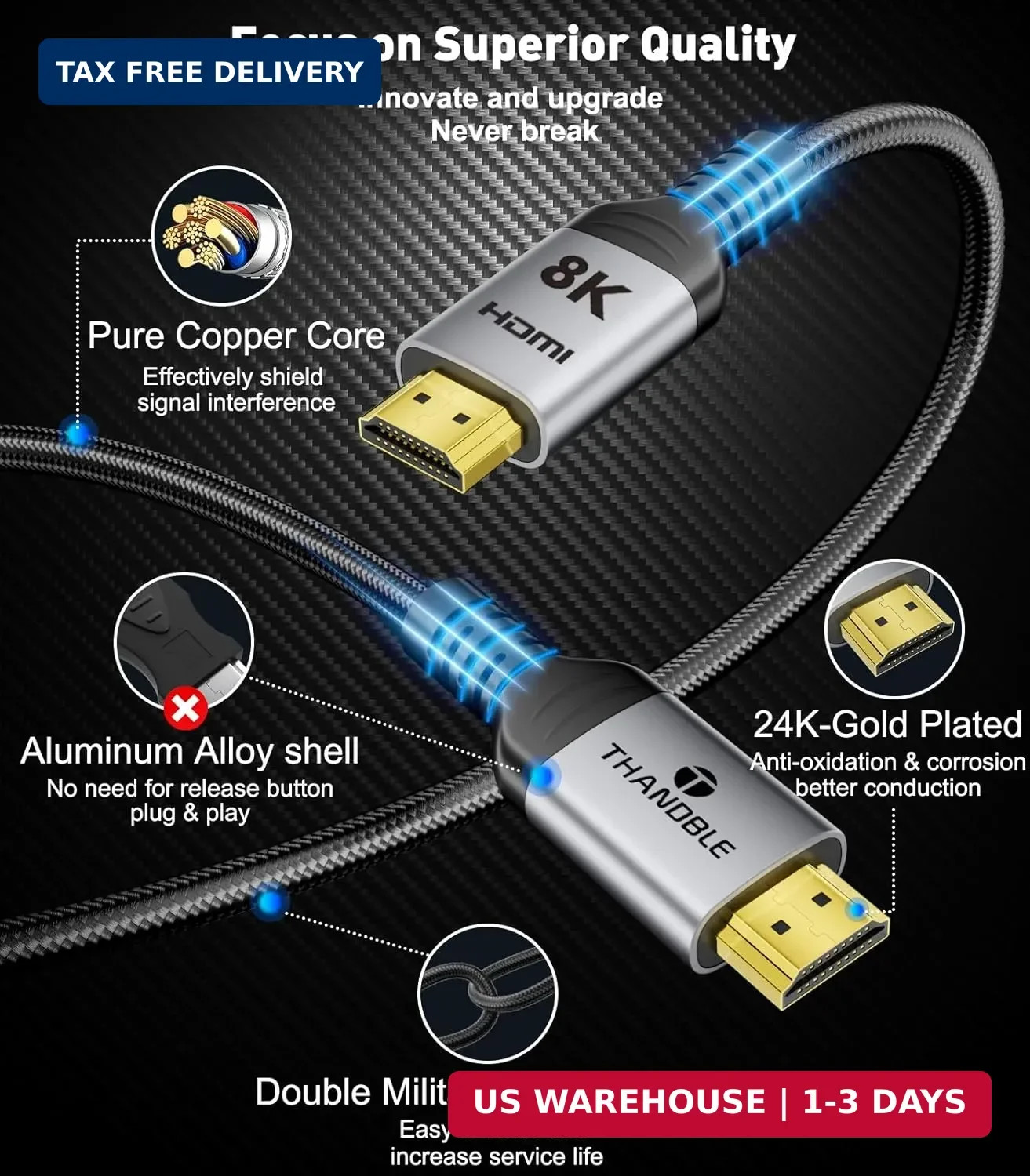 10K 8K HDMI 2.1 Cable 6.6 FT, 48Gbps Certified Ultra High Speed HDMI® Cables Cor