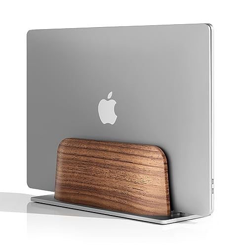 Vertical Laptop Stand Adjustable Width 0.79 to 1.42 Inch Walnut Wood Aluminum