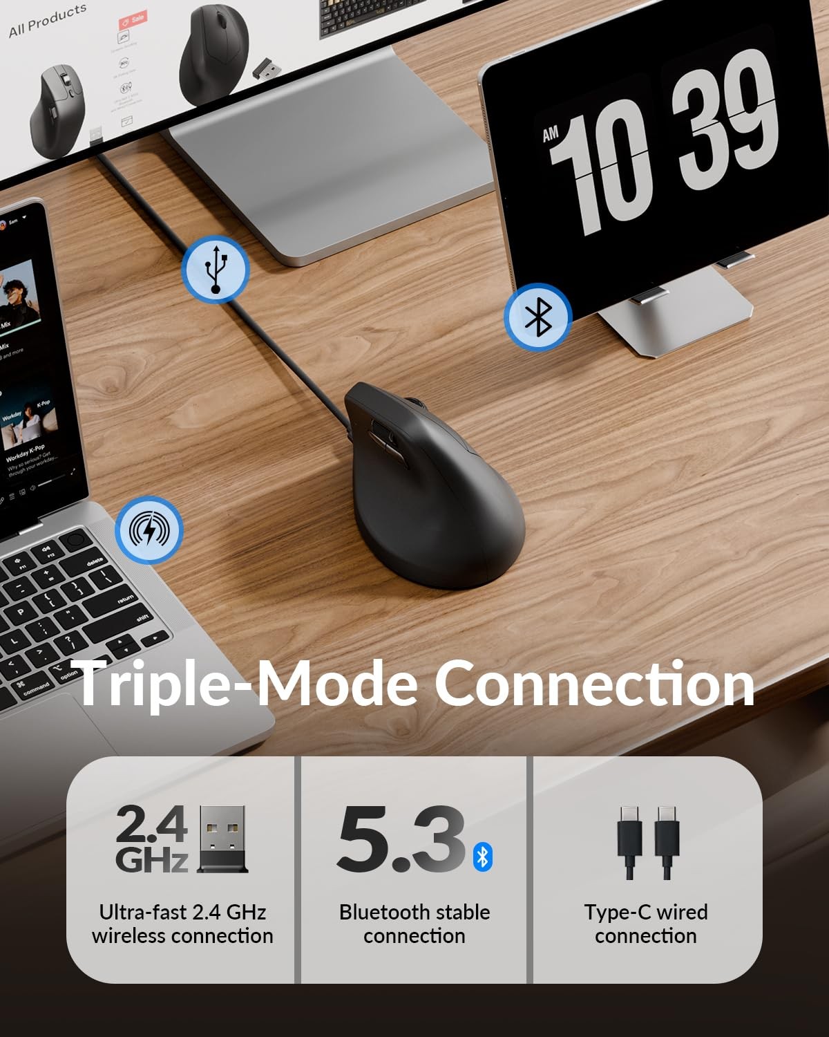 M5 8K Vertical Ergonomic Mouse Wireless, 2.4 GHz/Bluetooth 5.3/Wired Computer…