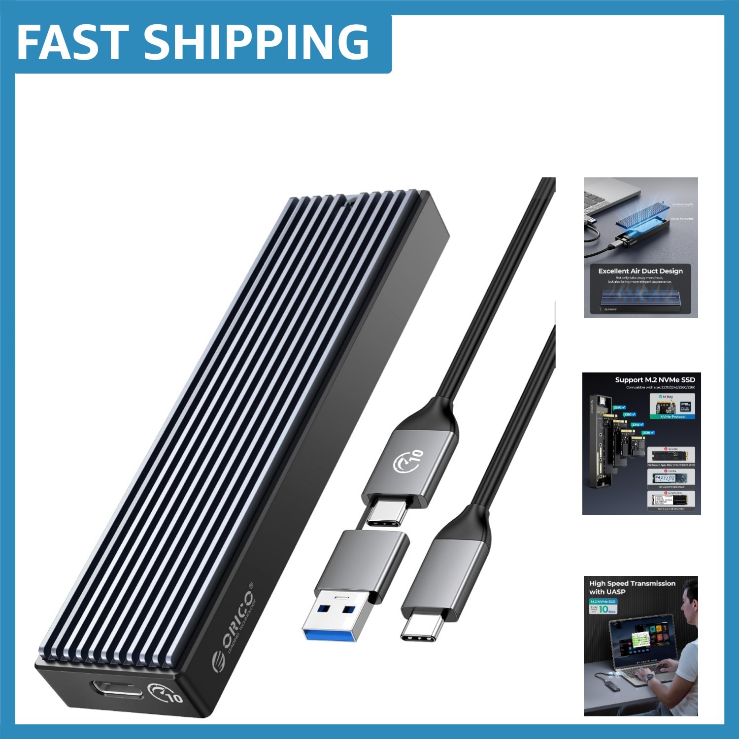 High-Speed M.2 NVMe SSD Adapter – 10 Gbps USB 3.1 Case for Up to 8TB Storage