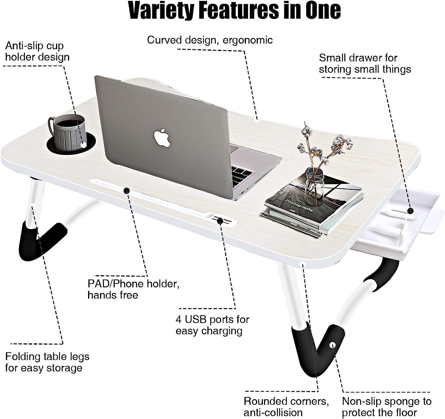 Laptop Bed Desk, Foldable Laptop Lap Desk Tray Table with USB Charge Port, White