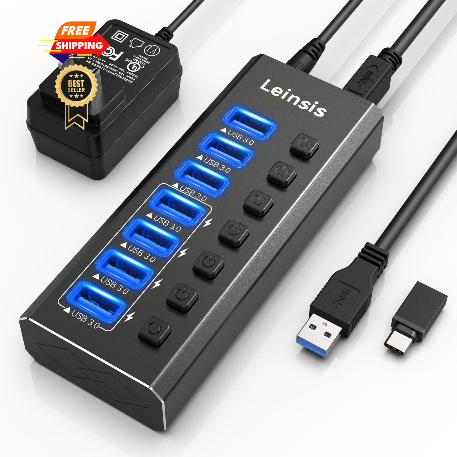 Powered USB Hub 3.0, Leinsis 7-Port 3.0 3.01, Metallic Black