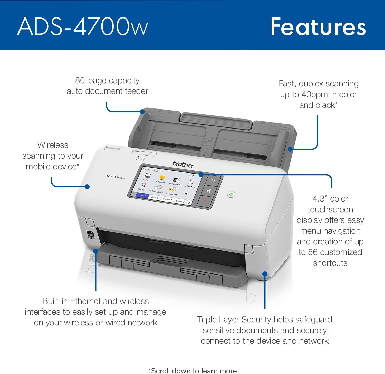 Brother ADS-4700W Duplex Document Scanner-New Open Box