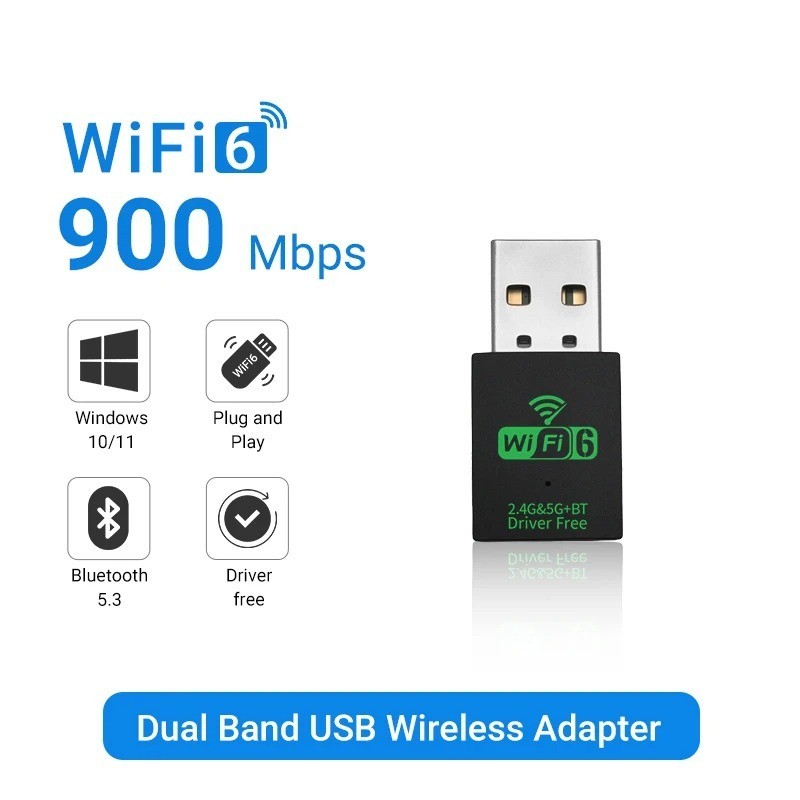 USB WiFi-6 900Mbps 2 in 1 Dongle 2.4G 5GHz Dual Band & BT 5.3 Win10,11 Free Ship