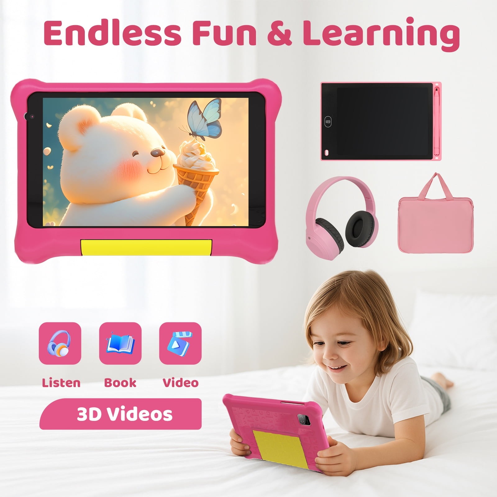 7″ Kids Learning Tablet Bundle – Headphones, Stylus Bag,5GB RAM 32GB ROM-Pink