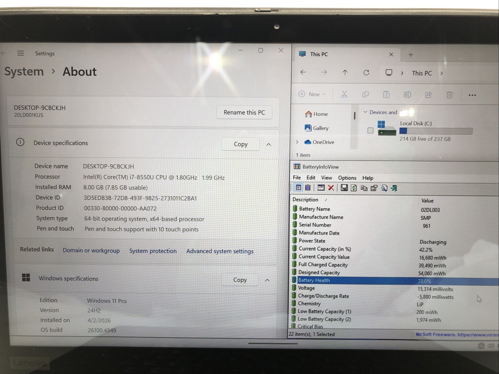 Lenovo ThinkPad X1 Yoga, Intel Core i7-8550U @1.80Ghz, 8GB RAM, 256GB SSD, W11P