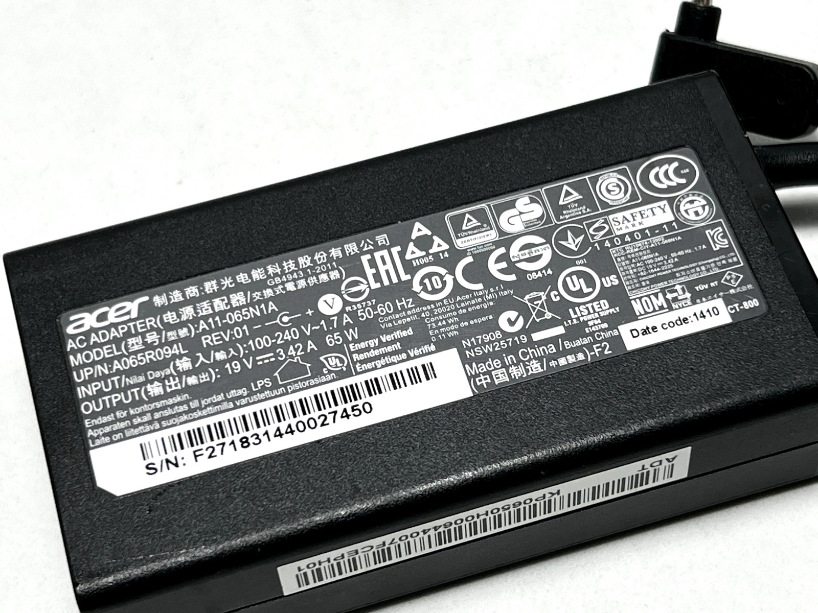 Acer Chromebook 65W AC Adapter & Powercord 19V 3.42A A11-065N1A A065R094L