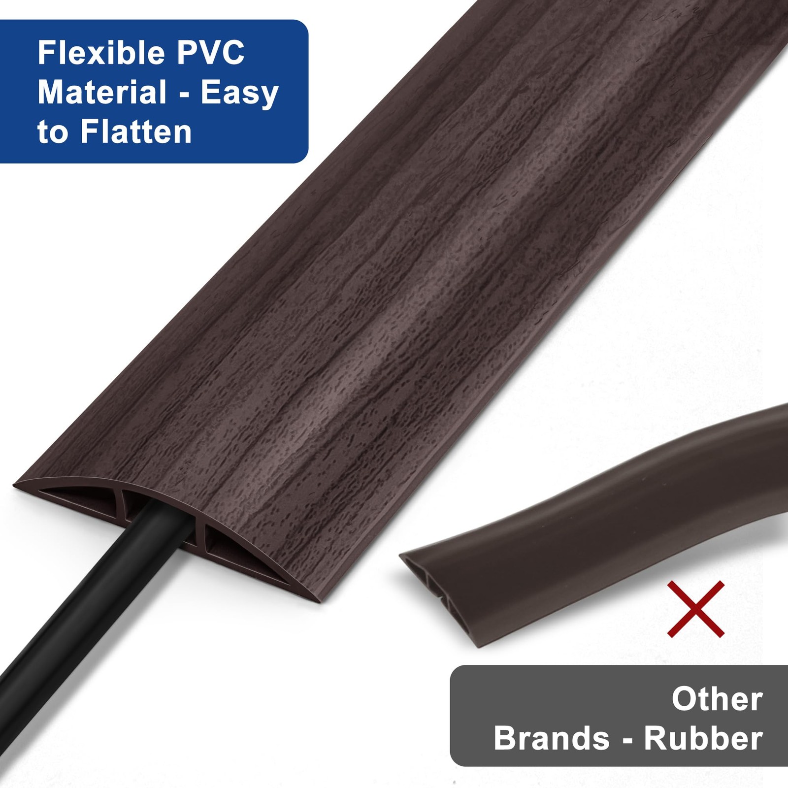 8ft Walnut Wood Cable Cover Floor Extension Cord Covers for Floor, Flexible