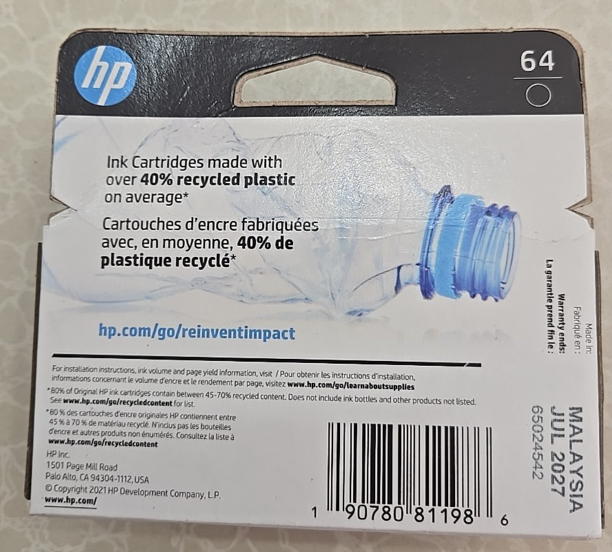 HP 64 Black Original Ink Cartridge – (N9J90AN) Brand New Exp July 2027
