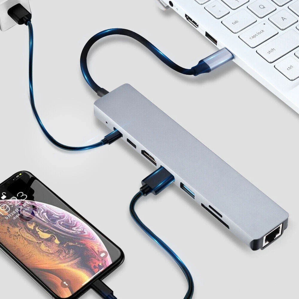 8 in 1 USB-C Hub Type C To USB 3.0 4K HDMI PD Adapter For iPhone Macbook Pro/Air