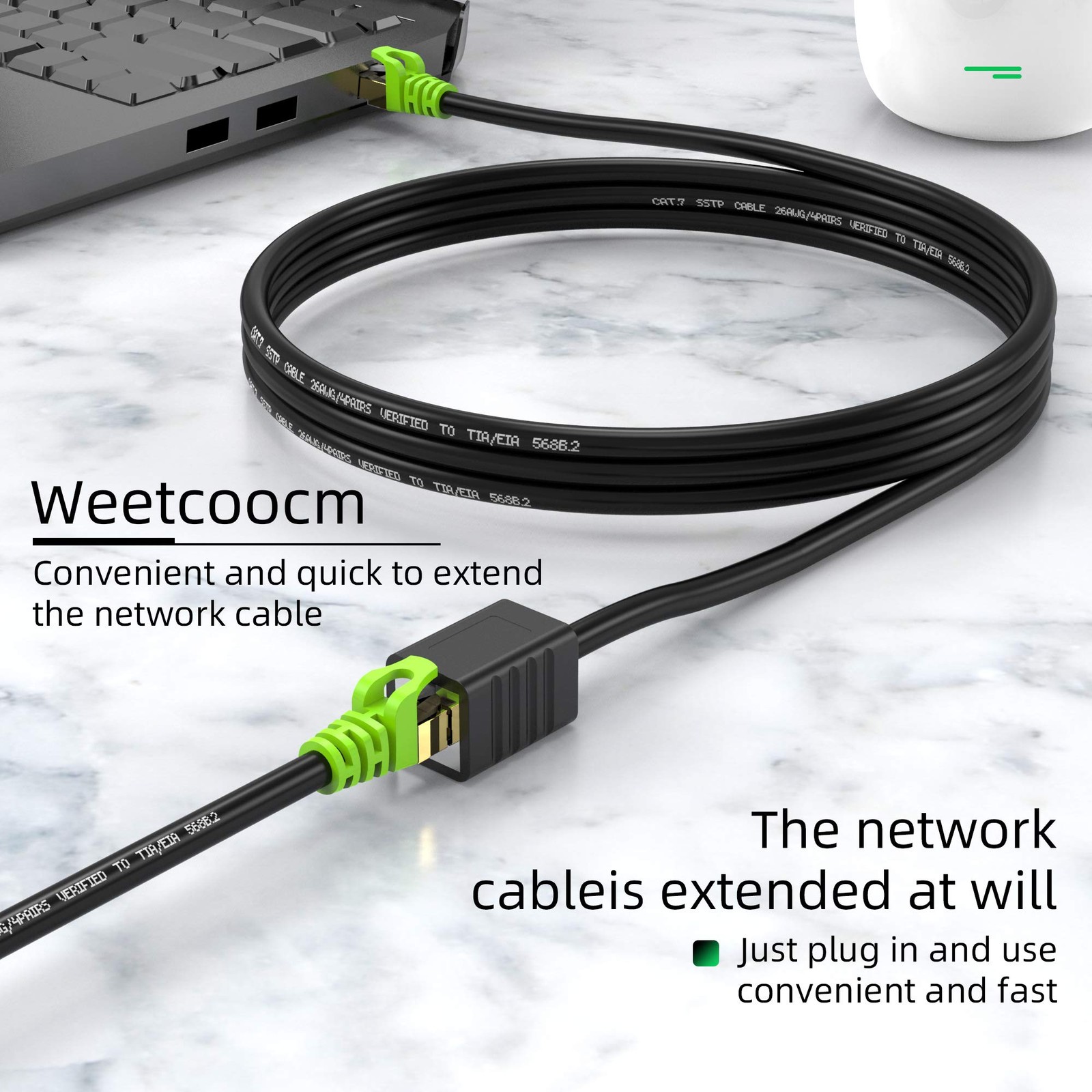 Ethernet Extension Cable Cat6a Shielded Male to Female 1.5 Ft