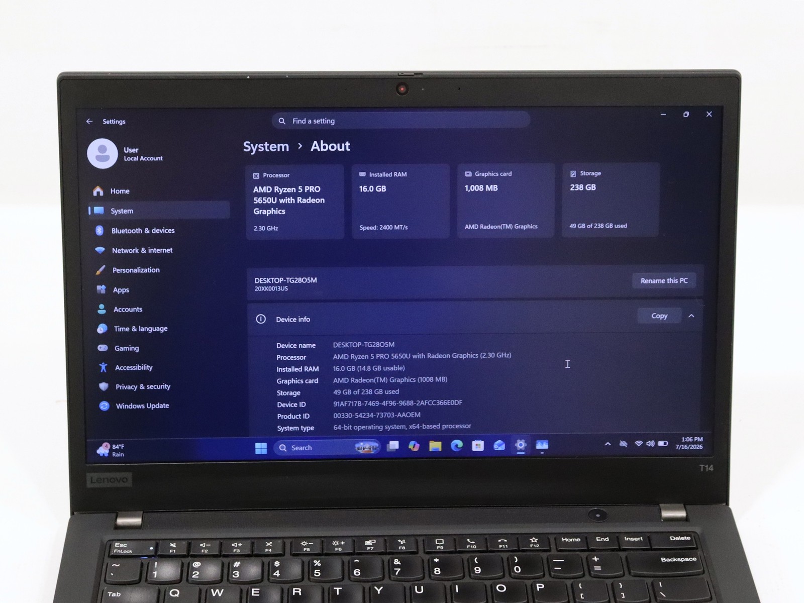 Lenovo ThinkPad T14 G2 14″ AMD Ryzen 5 Pro 5650U 16GB 256GB NVMe W11P – As is