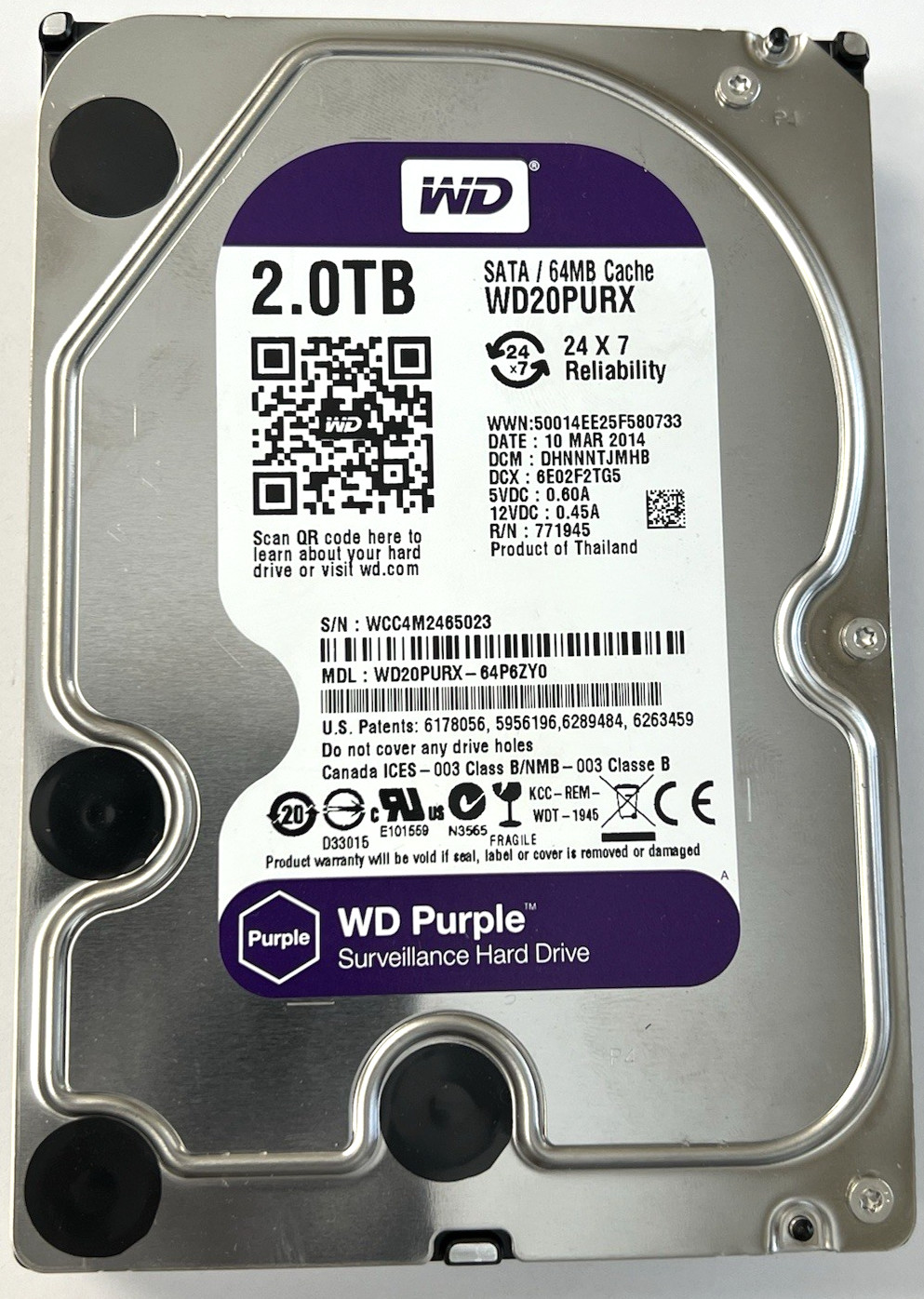 Western Digital WD Purple 2TB 3.5″ 5.4K SATA 6G HDD Hard Drive WD20PURX-64P6ZY0