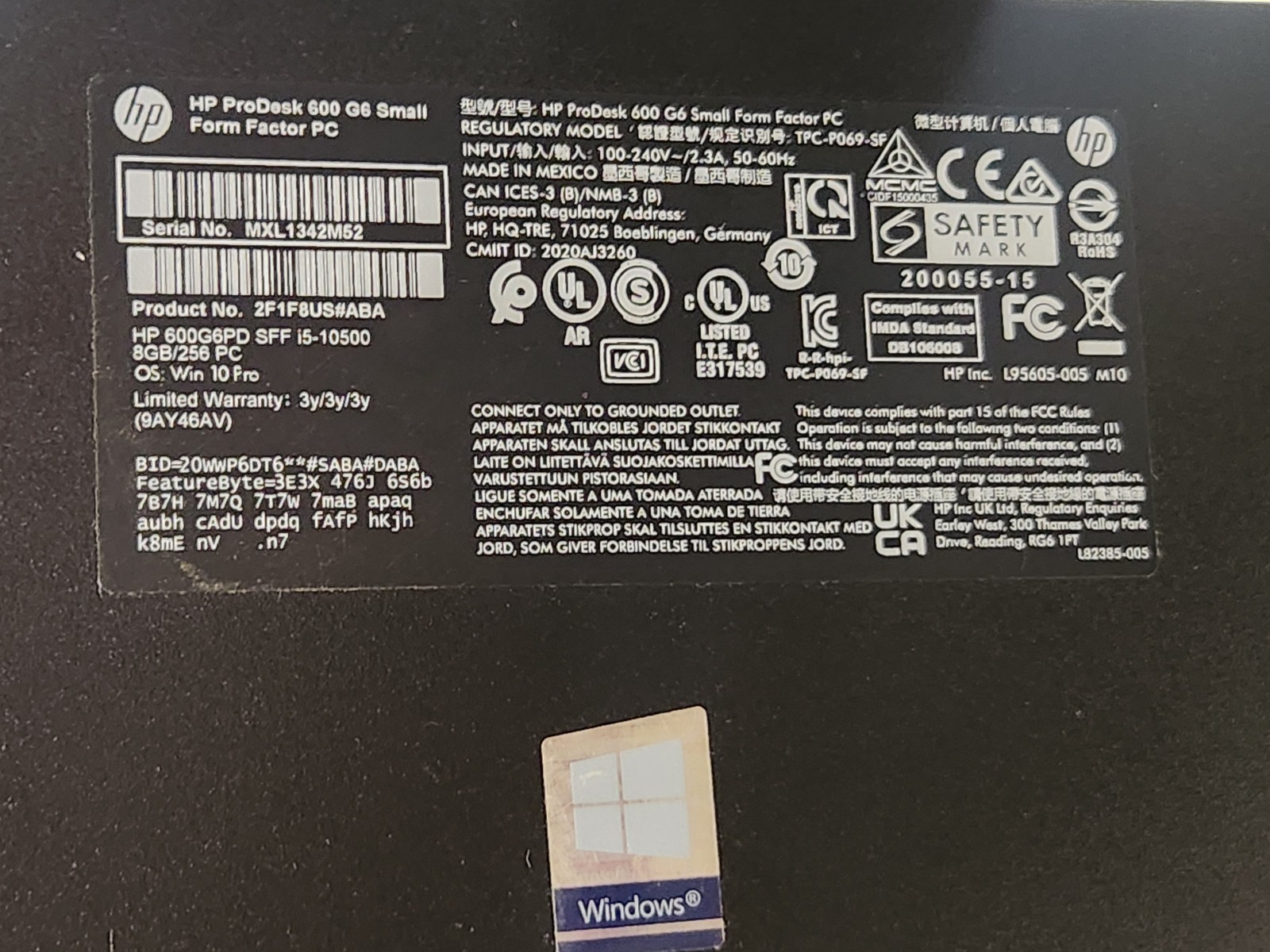 HP ProDesk 600 G6 SFF Intel i5-10500 3.10GHz 8GB RAM No HDD