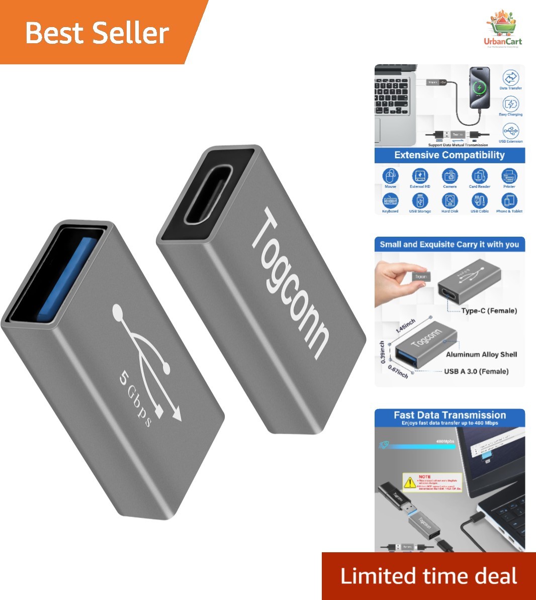 2-Pack USB A to USB C Adapters: Fast 5Gbps Data Transfer & Portable Design