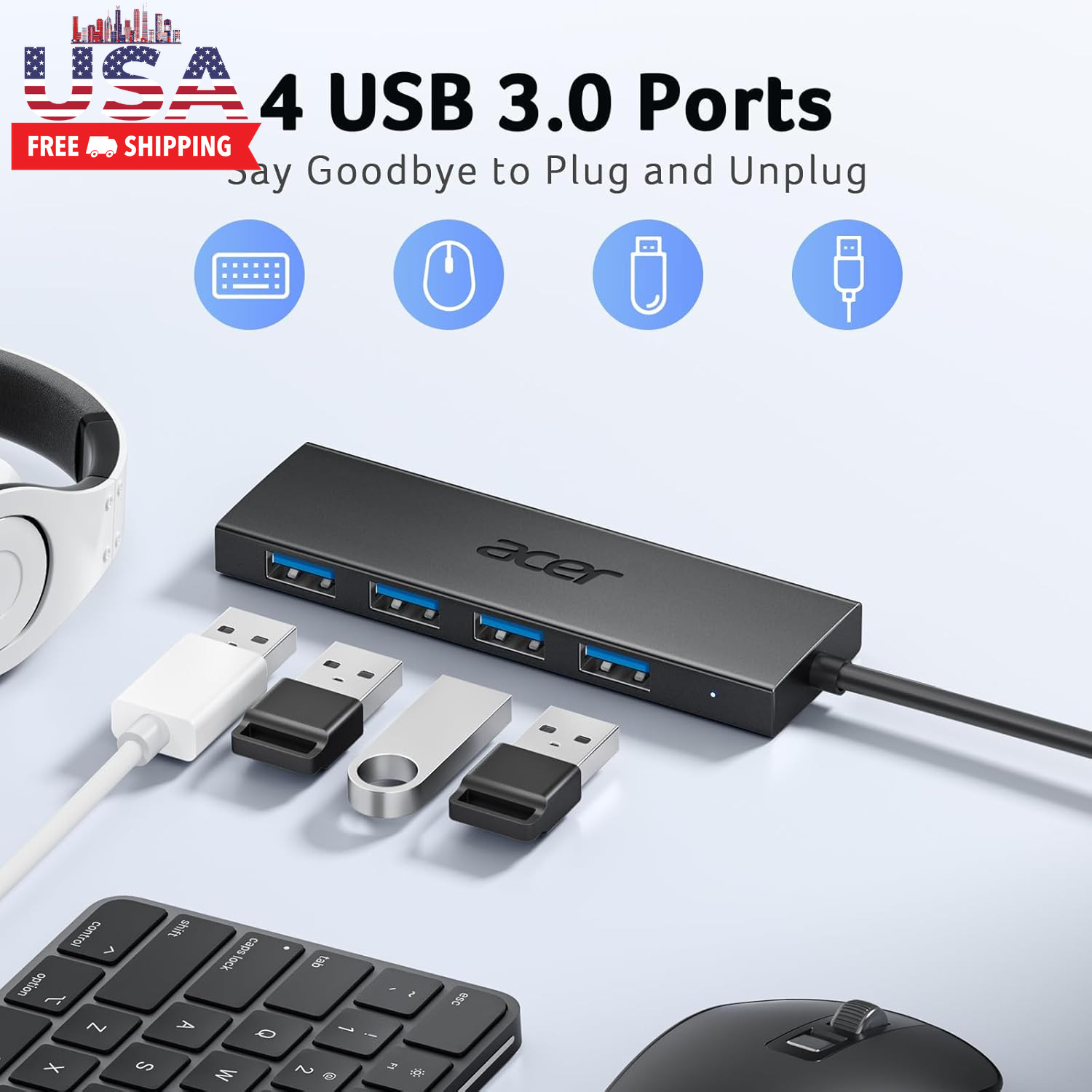 Acer USB Hub 4 Ports, Multiple USB 3.0 Hub, USBA Splitter for Laptop with Type C