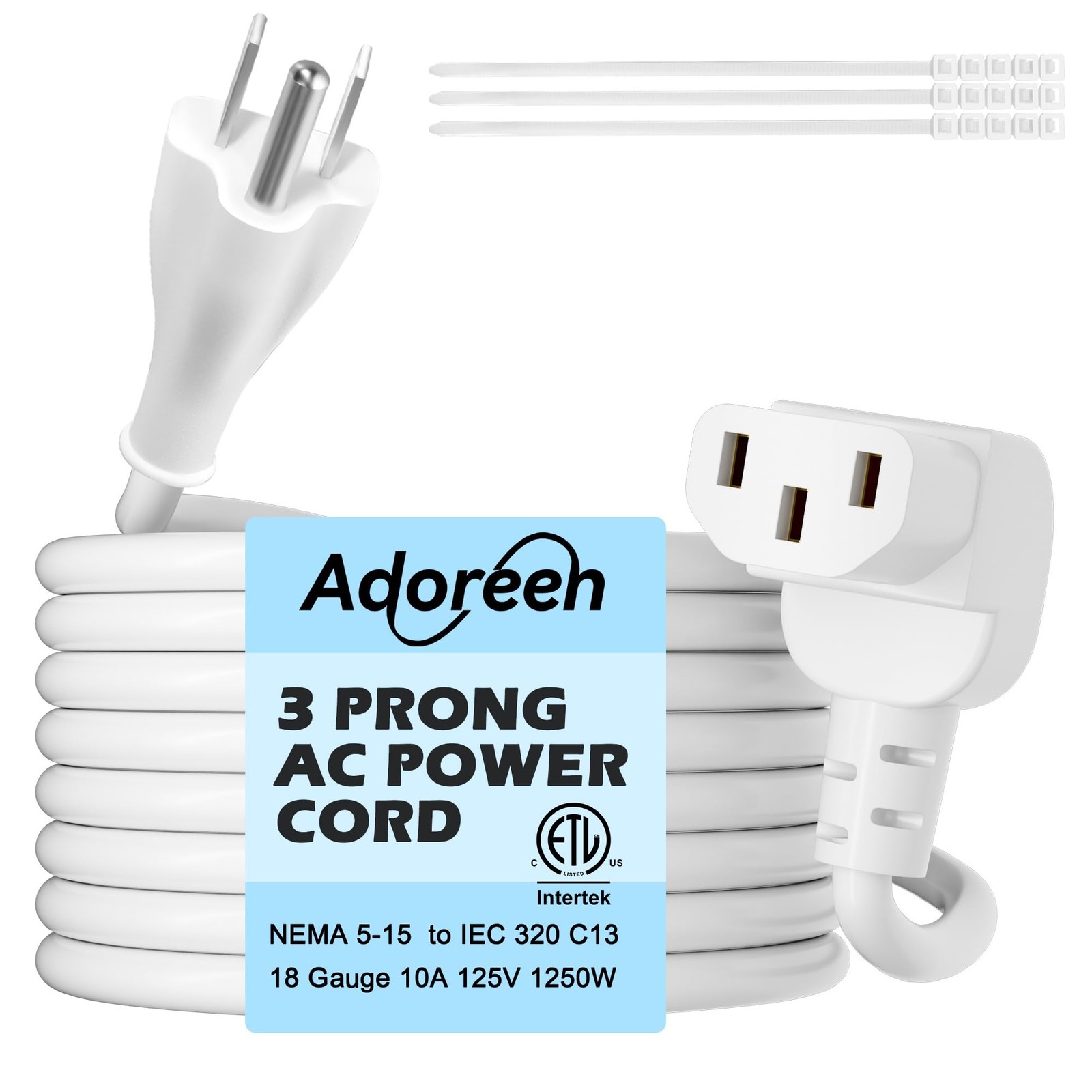 Adoreen 15 Ft Computer TV Replacement Power Cord White, 90 Degree Angled L-Sh…